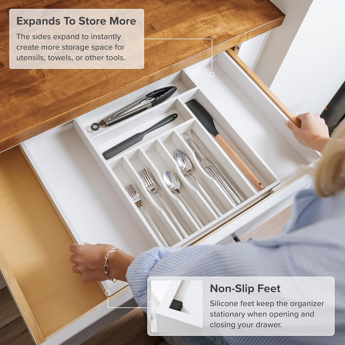 KitchenEdge Premium Silverware, Flatware and Utensil Organizer for Kitchen Drawers, Food-Safe