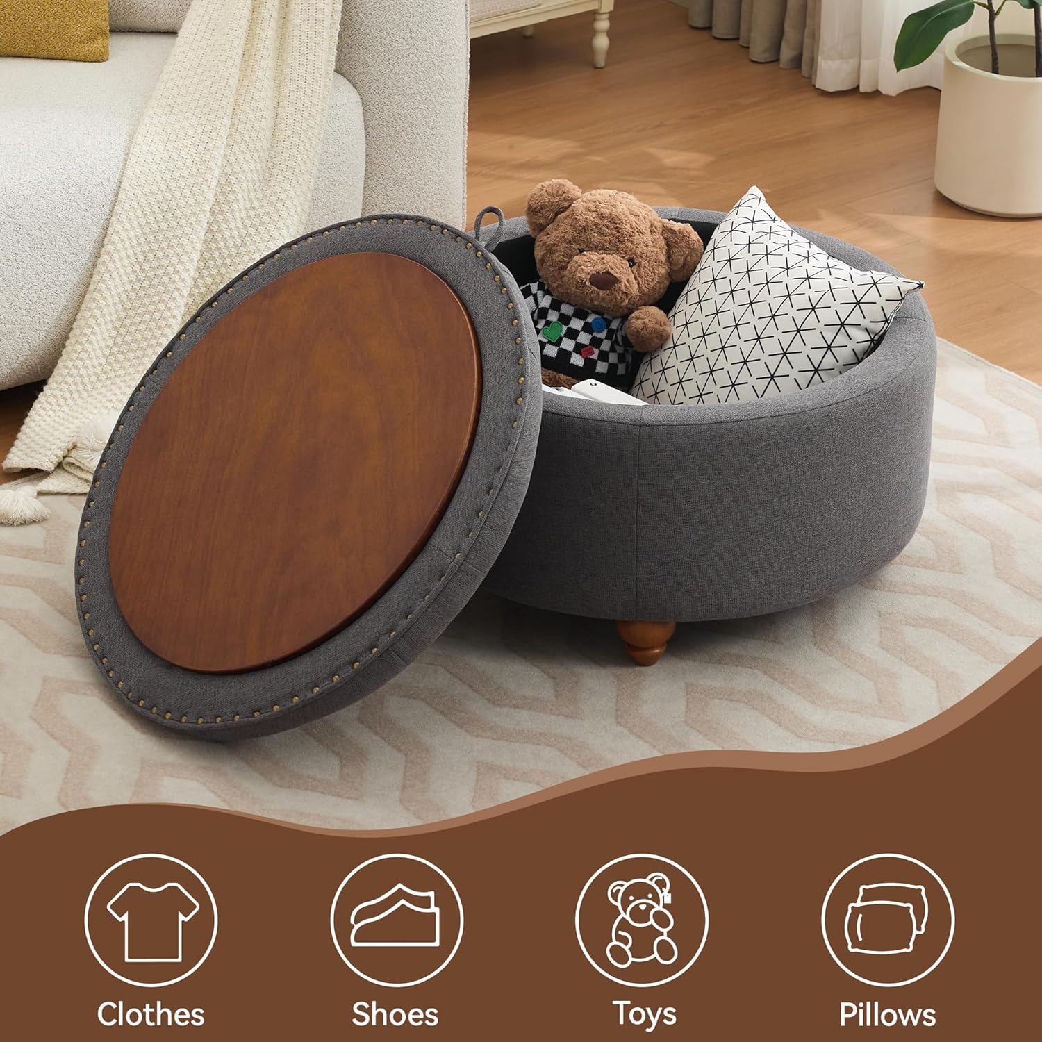30Inch Round Storage Ottoman with Tray, Modern Tufted Fabric Circle Coffee Table with Storage