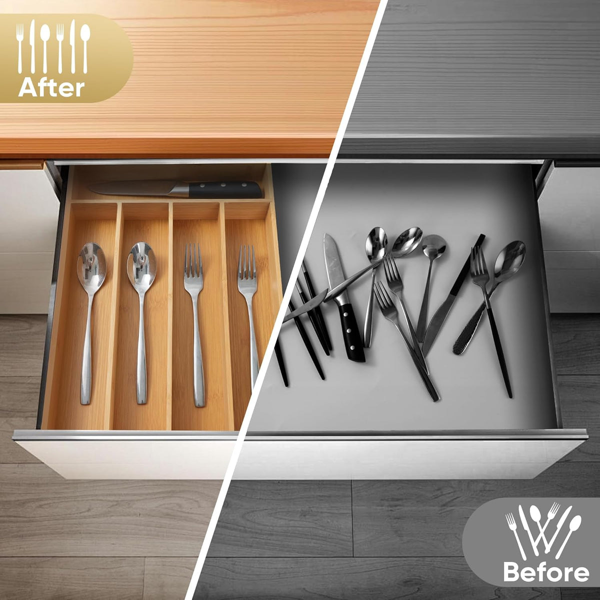 Silverware Organizer, 2 Pack 10 Inch Utensil Organizer Kitchen Drawer Organizer Bamboo Silverware