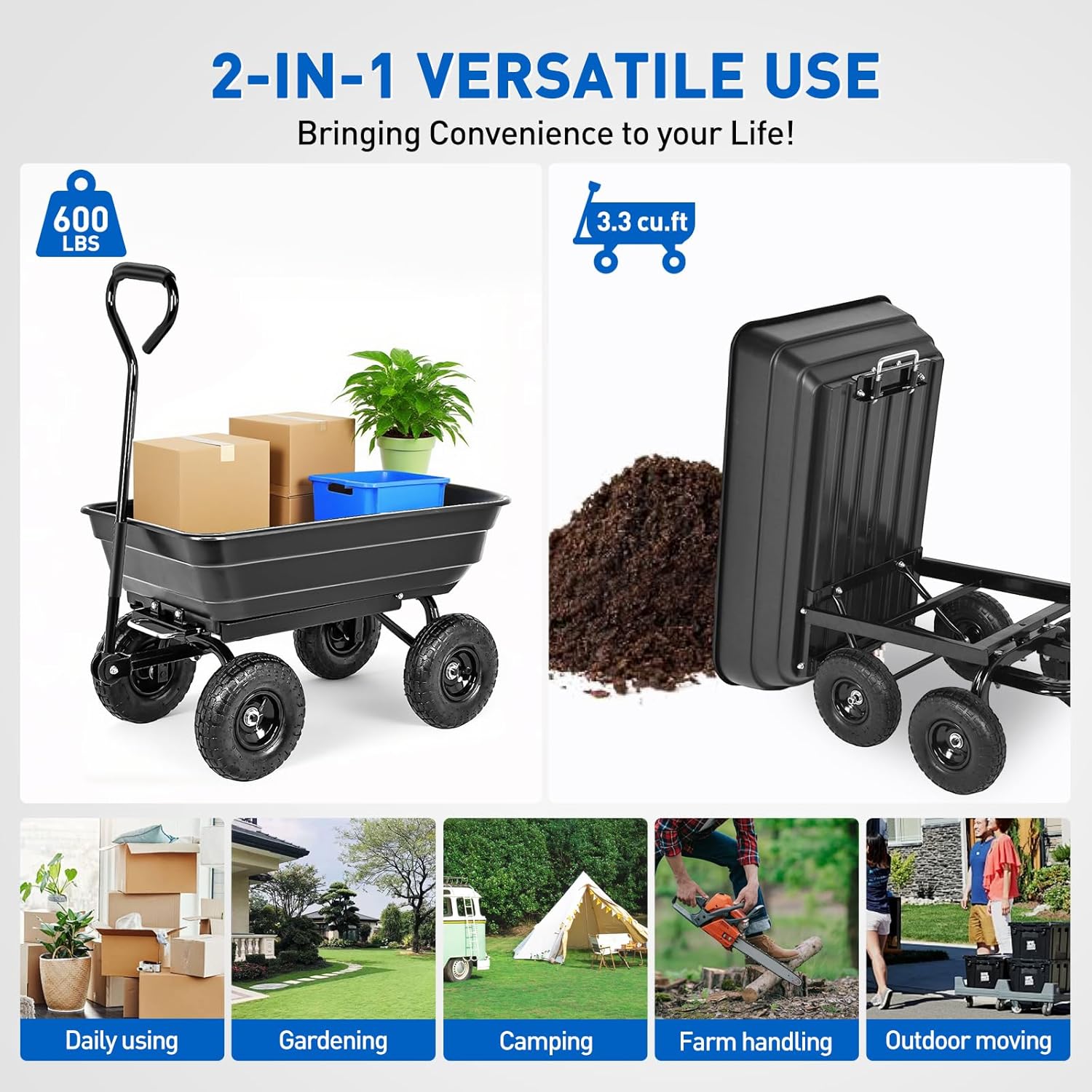 Yesker Garden Carts - 600lbs Dump Wagon with All Terrain Inflatable Wheels for Yard Lawn Farms