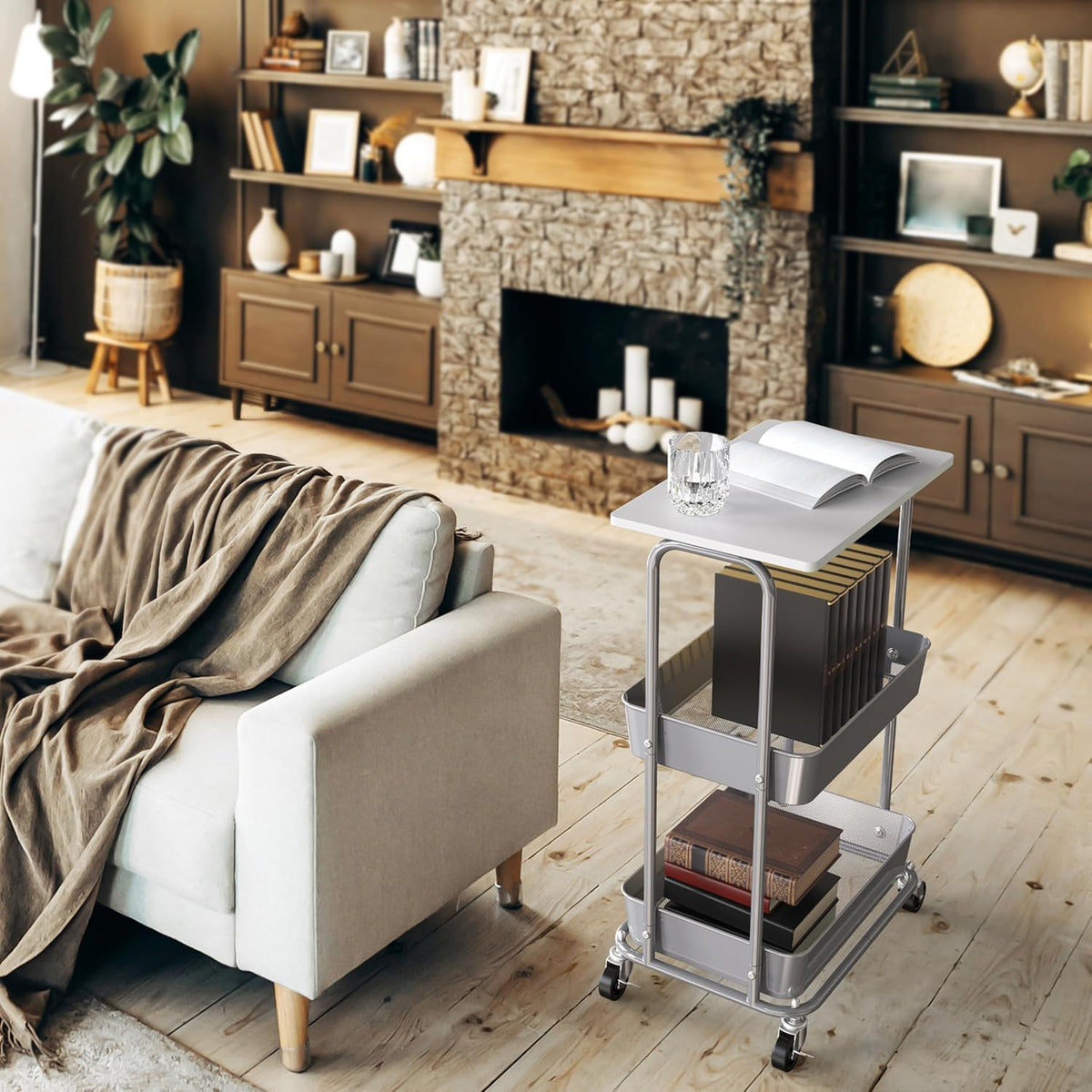 Simple Houseware 2-Tier Rolling Utility Cart with Lockable Wheels and Wood Top, Metal Storage