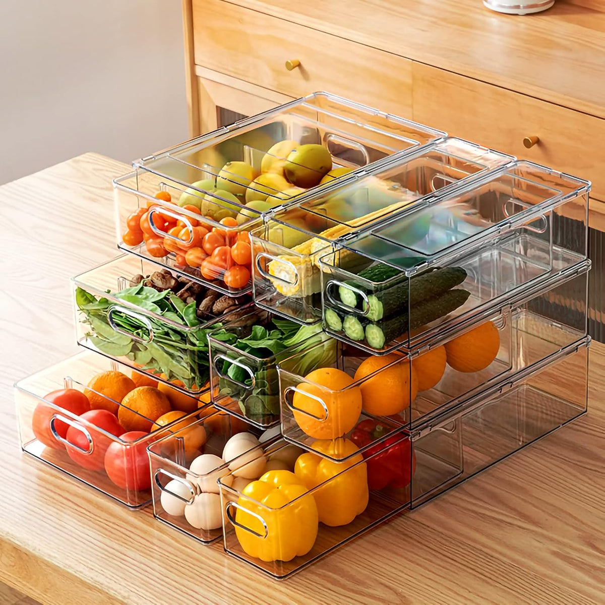 MineSign 9 Pack Stackable Refrigerator Organizer Bins Pull-Out Drawers for Fruit and Veggies