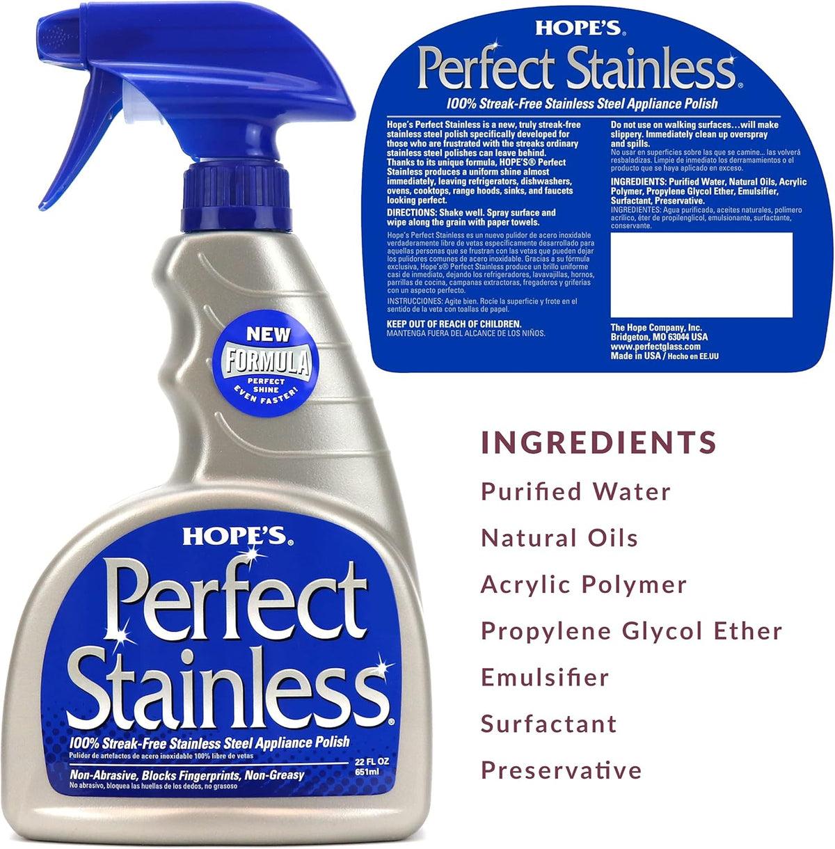 HOPE'S Perfect Stainless Steel Cleaner 22-Ounce, Streak-Free Self-Polishing Formula, Blocks
