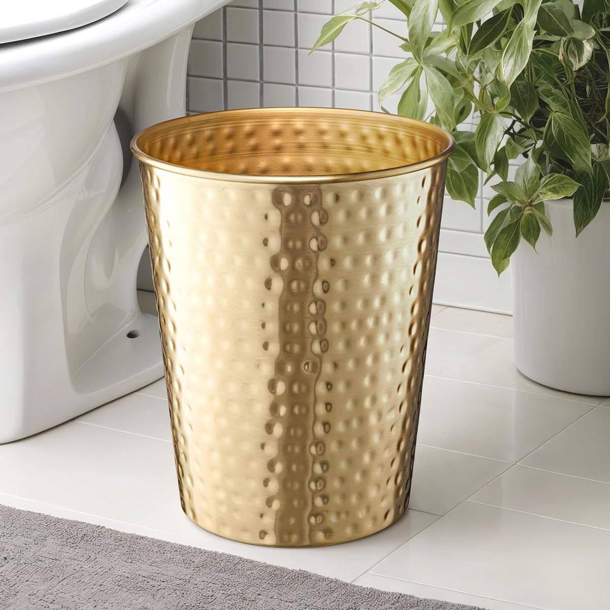 Monarch Abode Brushed Gold Hand Hammered Metal Wastebasket for Home Office Bedroom, Decorative