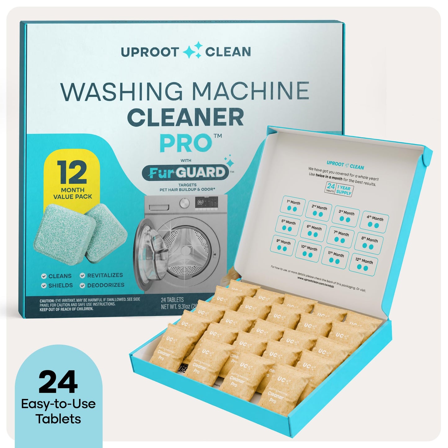 Uproot Clean Washing Machine Cleaning Tablets for Pet Owners, 24 Pack