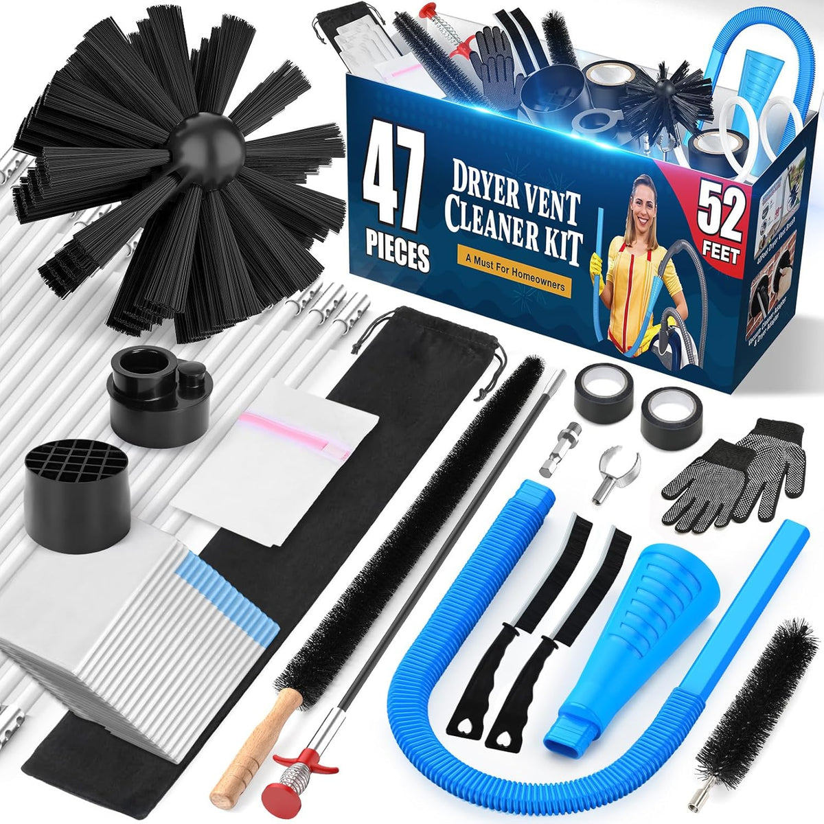 Sealegend 47-Piece 52-Feet Dryer Vent Cleaner Kit, Dryer Cleaning Tools, Omnidirectional Dryer Lint