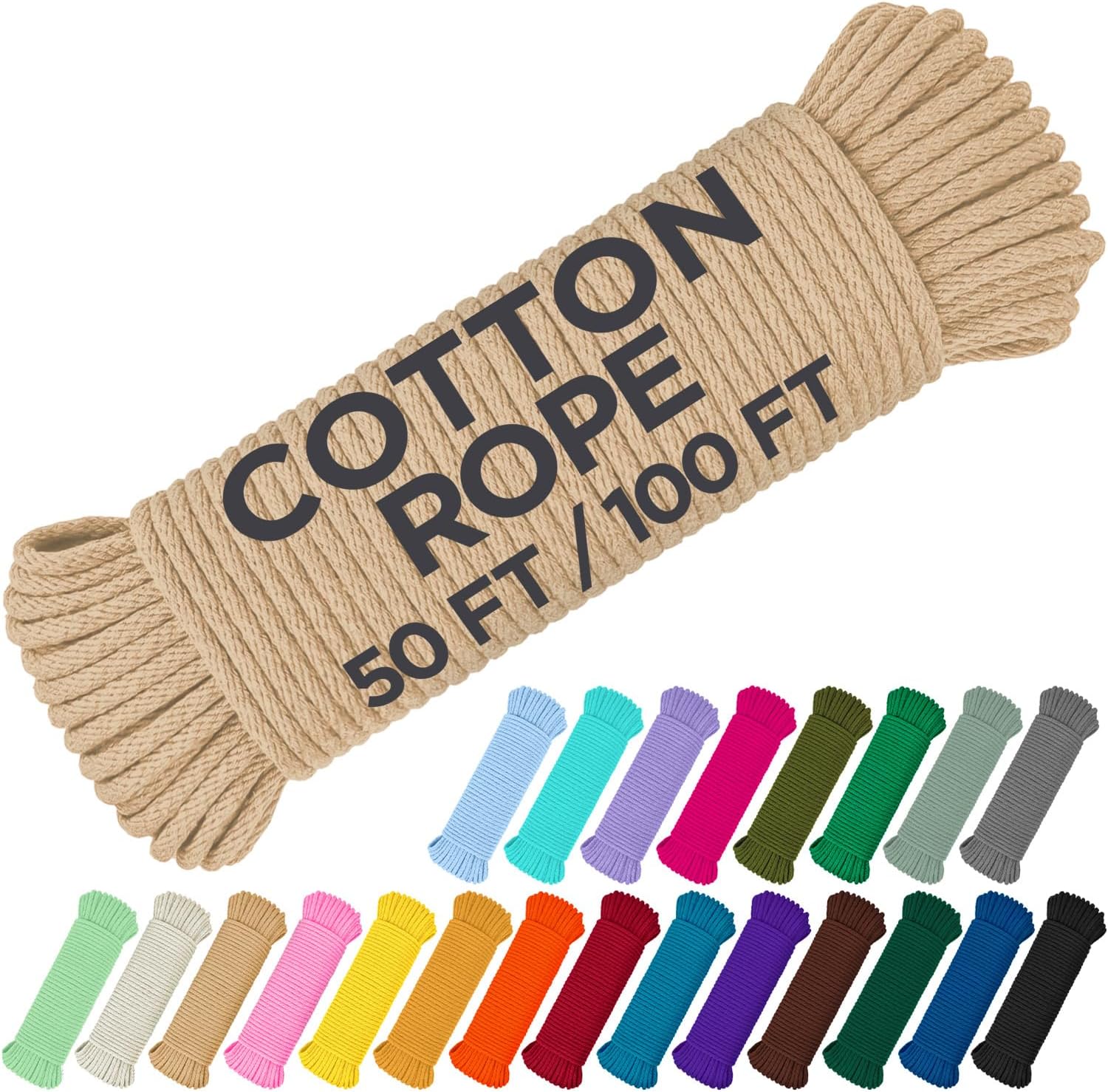 TECEUM Cotton Rope 3/16” (5 mm) – 50 FT – Strong All-Purpose Braided Rope – Natural Cotton – for