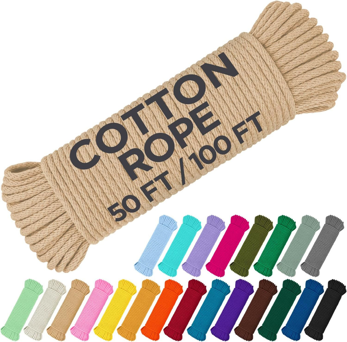 TECEUM Cotton Rope 3/16” (5 mm) – 100 FT – Strong All-Purpose Braided Rope – Natural Cotton – for