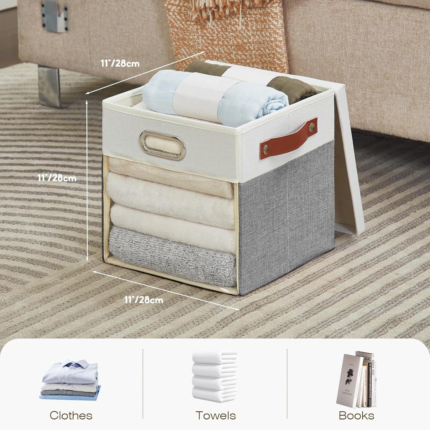 Fabric Storage Cubes with Clear Windows and Lids, 11'' Foldable Storage Bins with 3 Handles