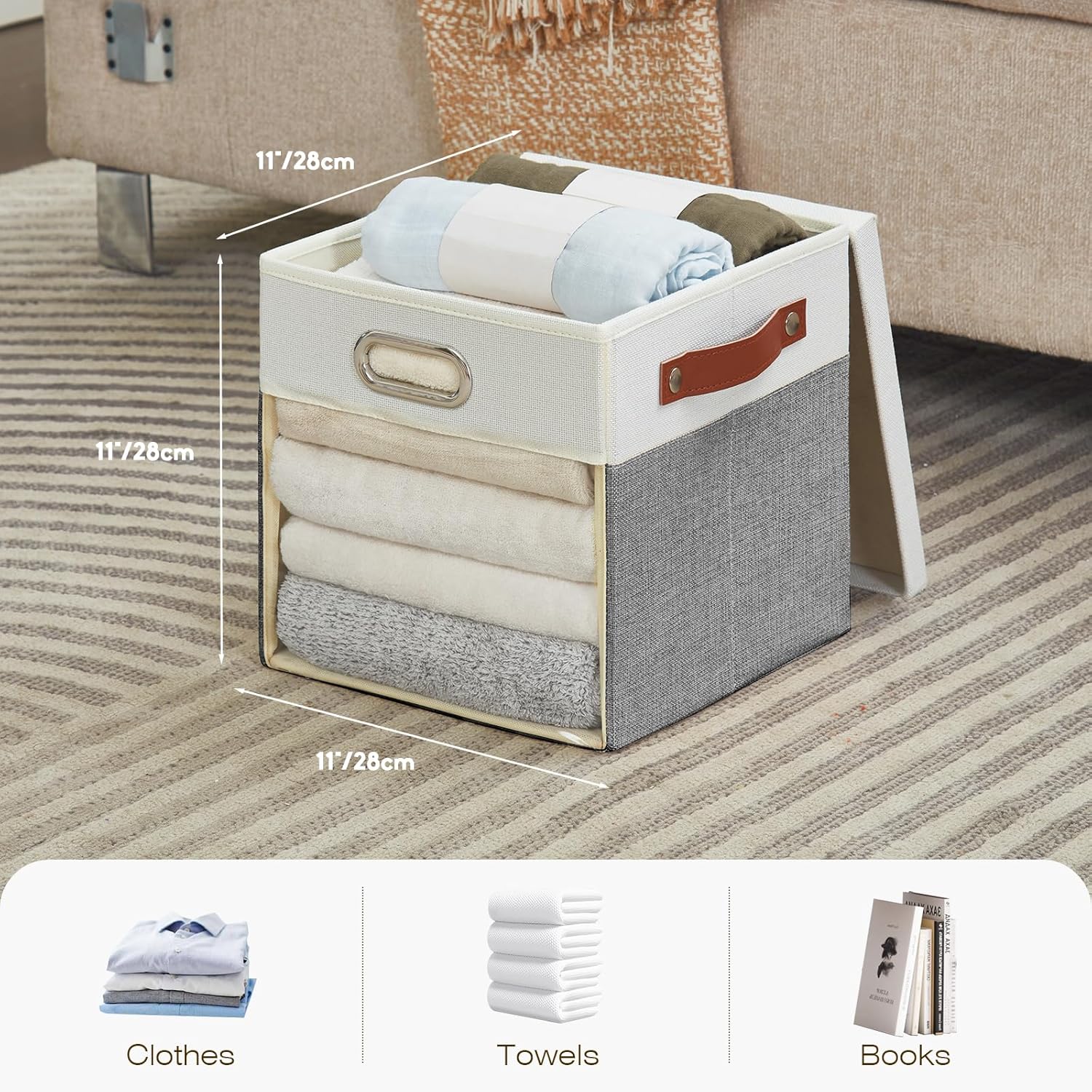 Fabric Storage Cubes with Clear Windows and Lids, 11'' Foldable Storage Bins with 3 Handles