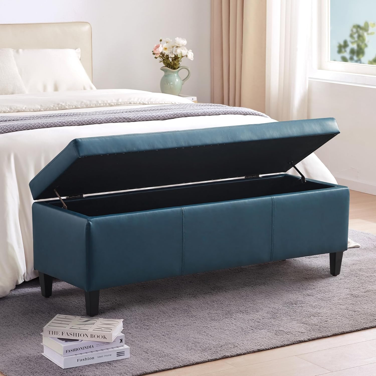 HUIMO Faux Leather Storage Ottoman Bench 50.3 Inch Extra Long PU Upholstered Bedroom Bench with
