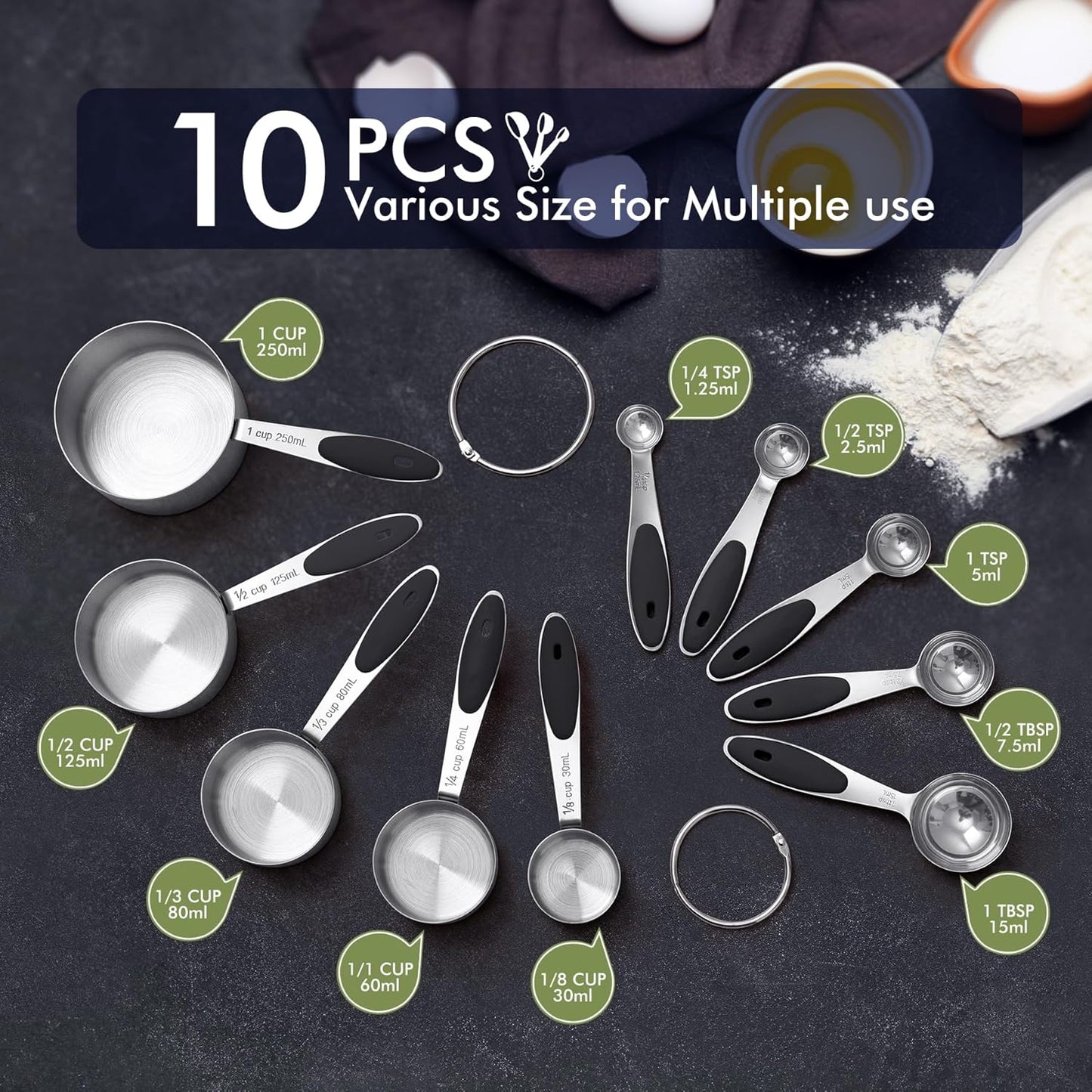 HOTEC 10-PACK Measuring Cups and Spoons Set, Kitchen Gadagets Cooking Baking,Heavy Duty &