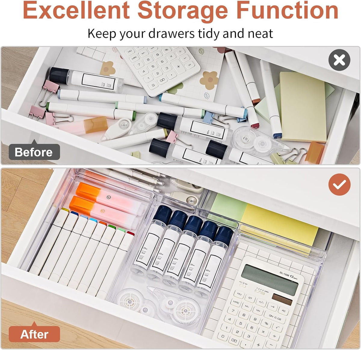 SMARTAKE 6 PCS Clear Plastic Drawer Organizers Set, Large Size Non-Slip Desk Drawer Organizer