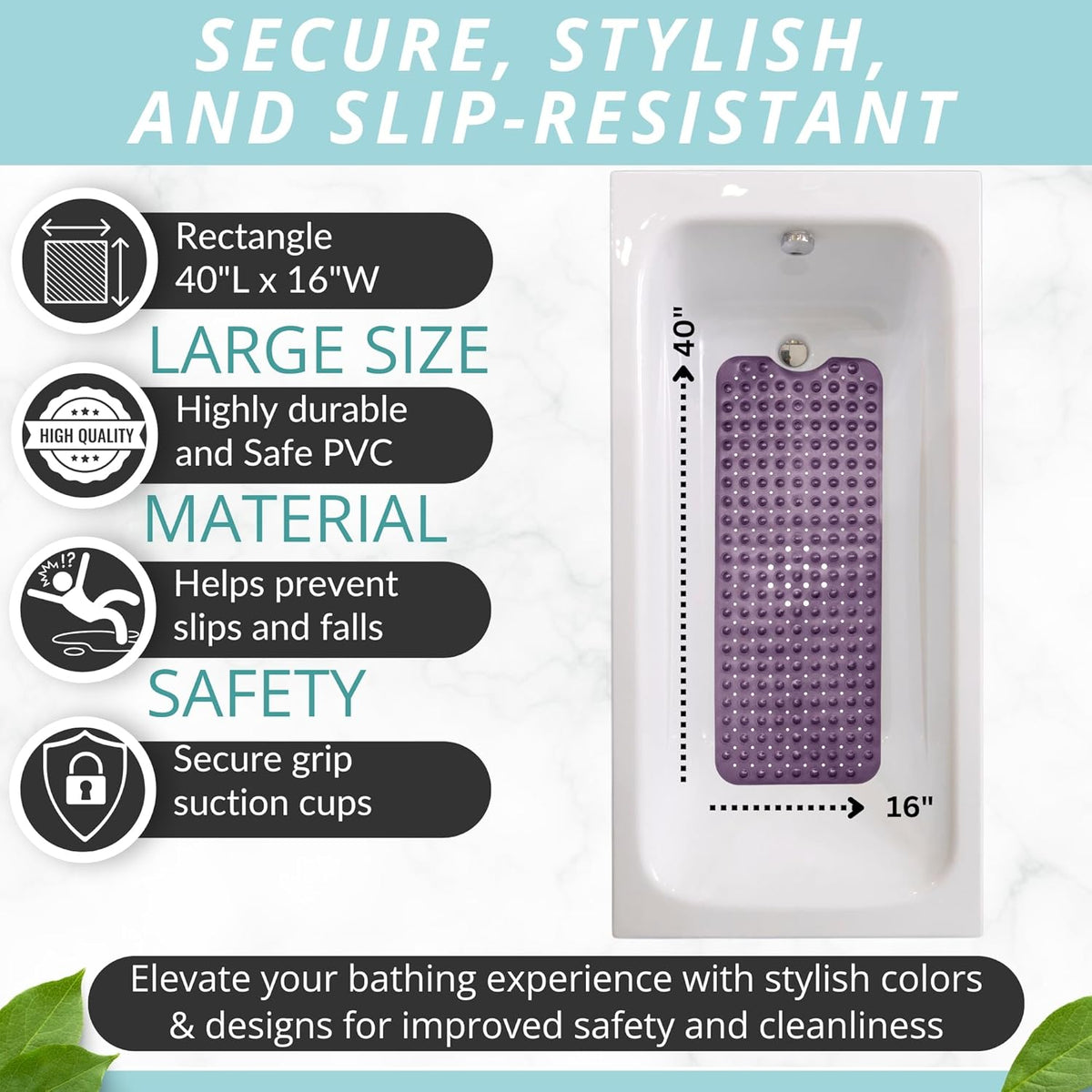 ENKOSI Bath Mat – 40 x 16 Inch Long Non-Slip Bathtub & Shower Mat with Suction Cups – Large PVC