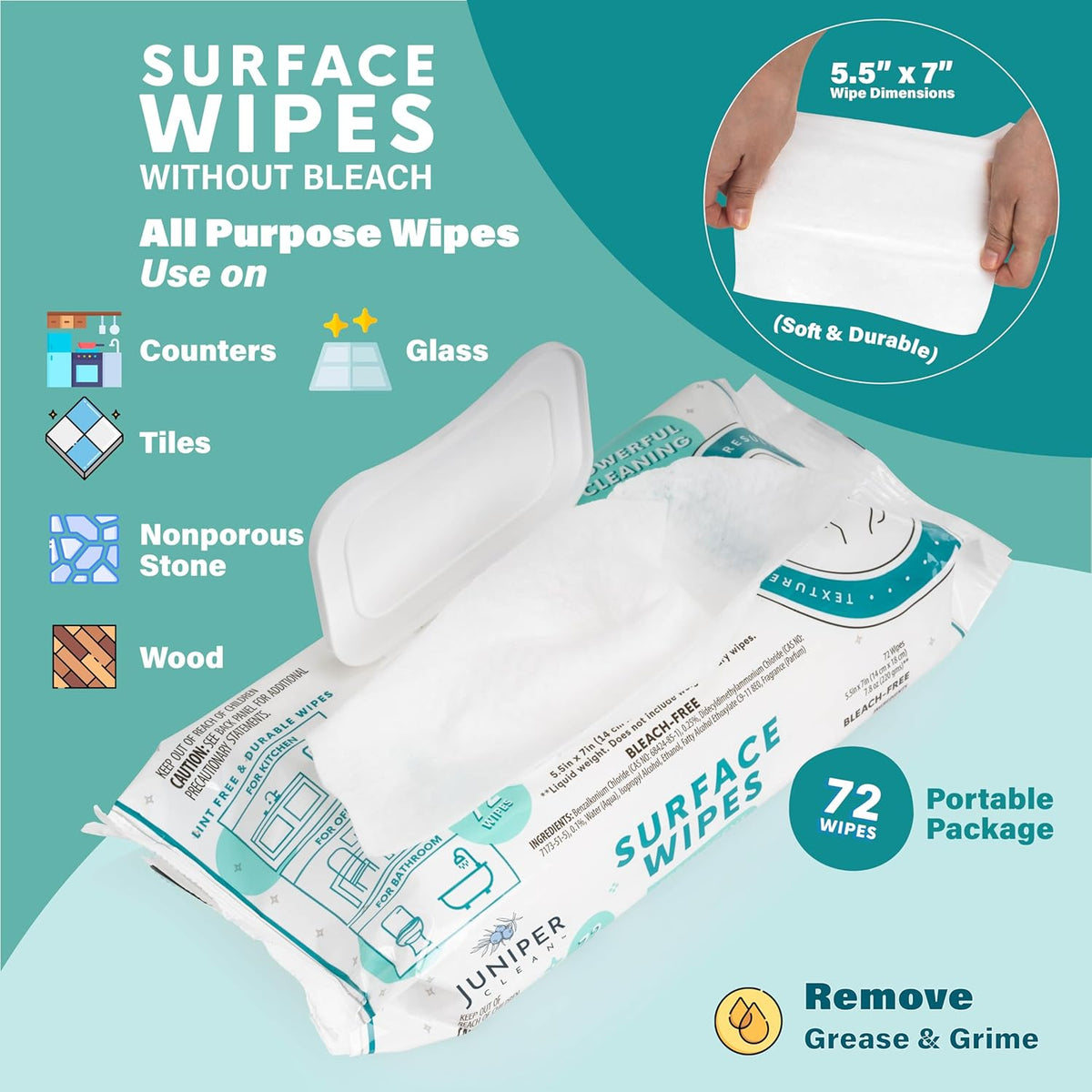 1 Pack Surface Cleaning Wipes Bleach Free, All-Purpose Cleaner for Bathroom, Kitchen, Office, 72