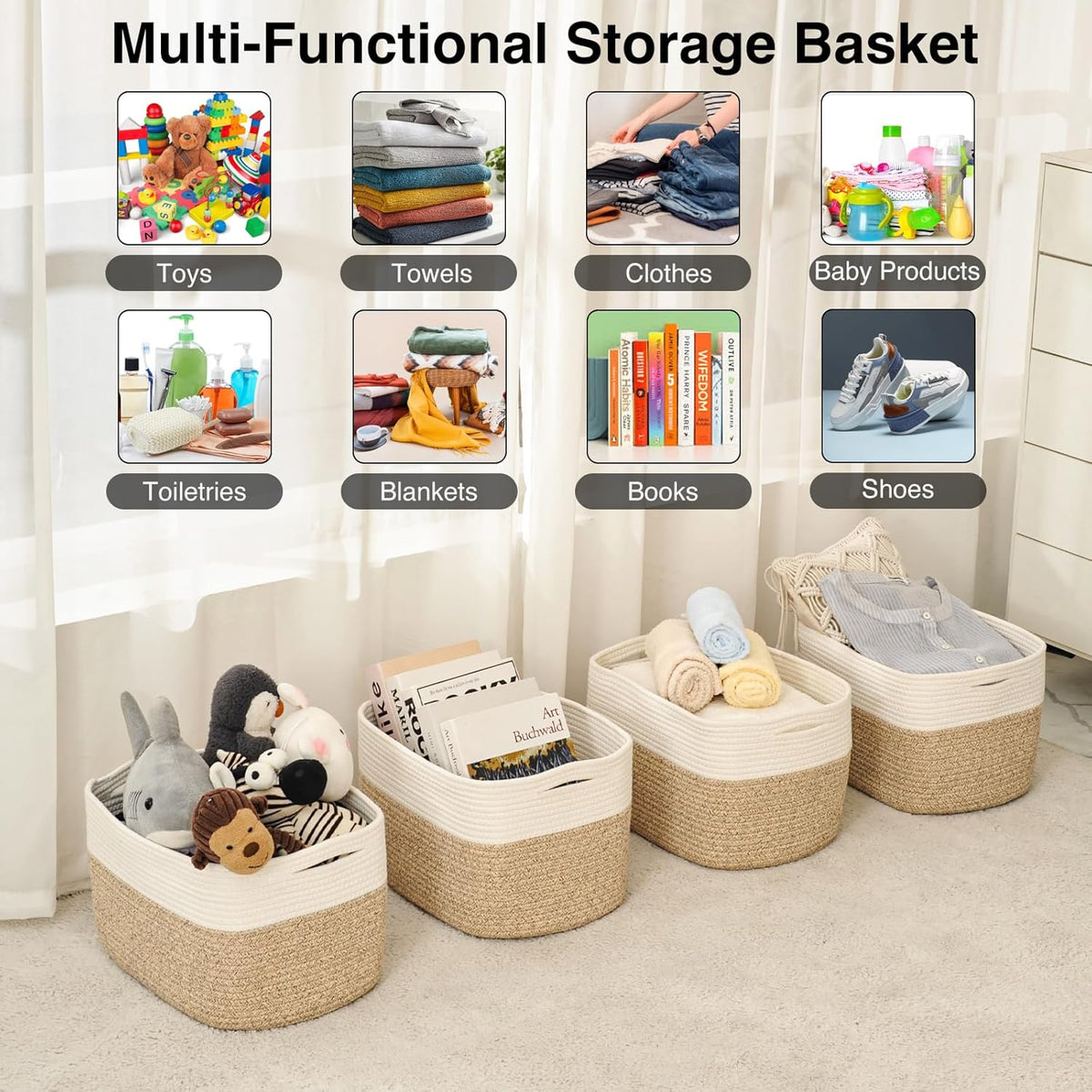 Storage Baskets for Organizing & Shelves, Woven Cotton Rope Organization Bins for Dog Toys