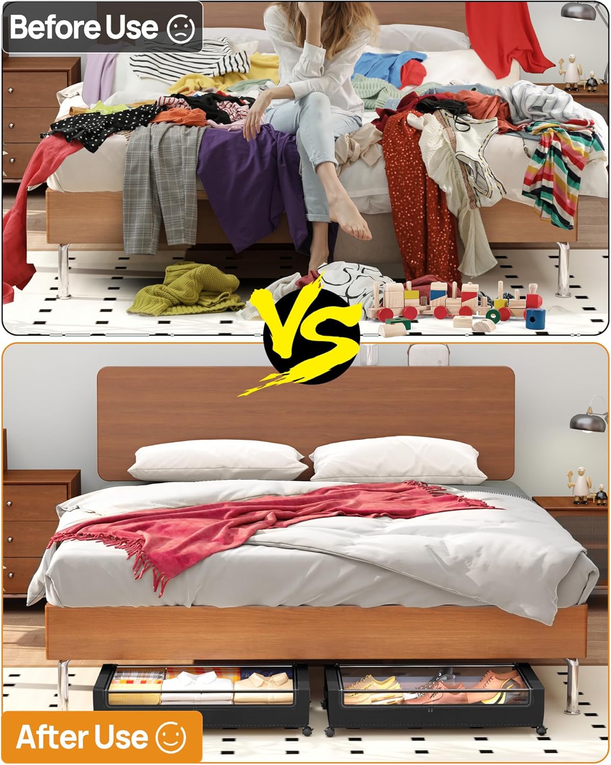 Under Bed Storage with Wheels, Square Under Bed Storage Containers, 4 Pack Under The Bed Storage