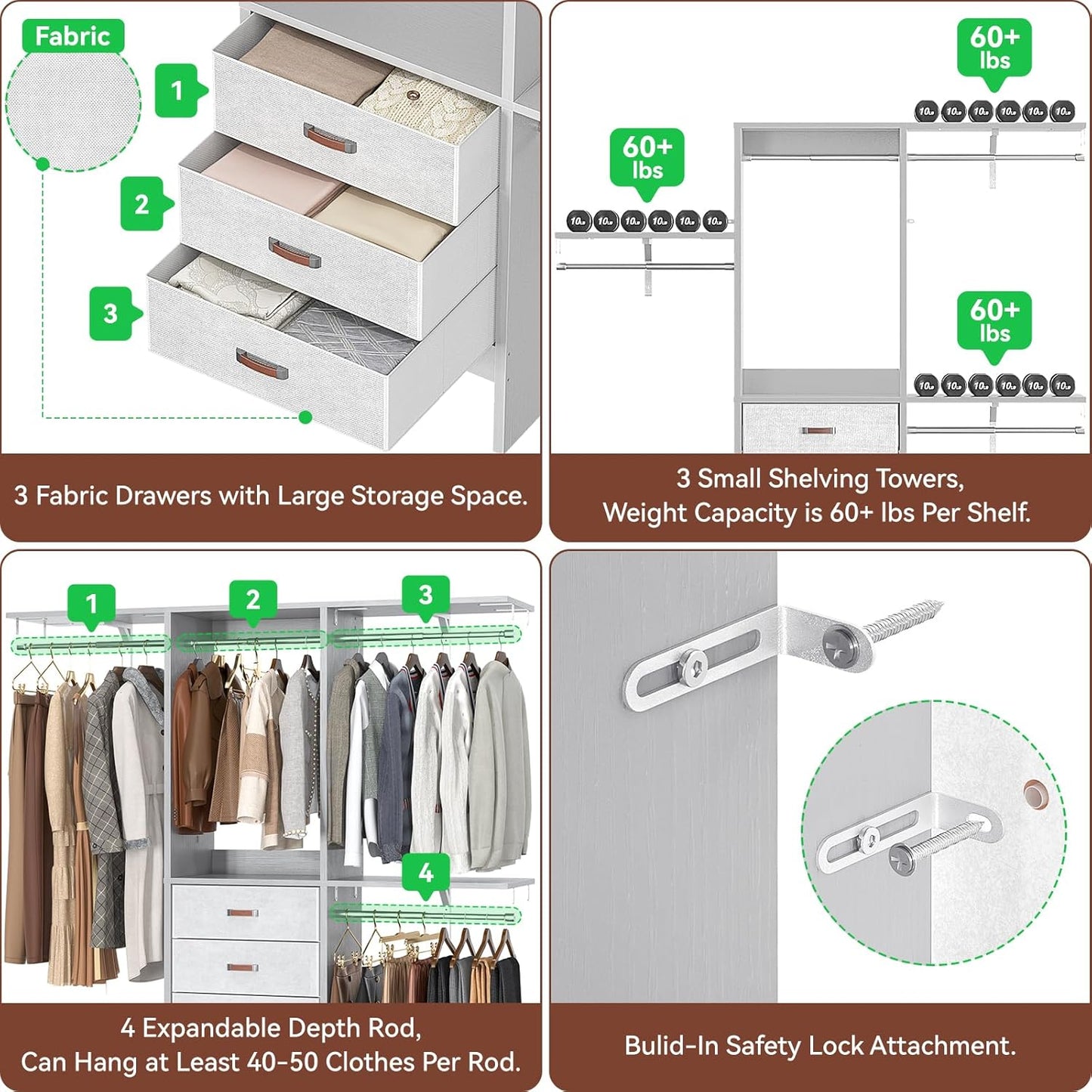 Armocity 5FT Small Closet System with 3 Fabric Drawers, 60 Inches Walk In Closet Organizer System