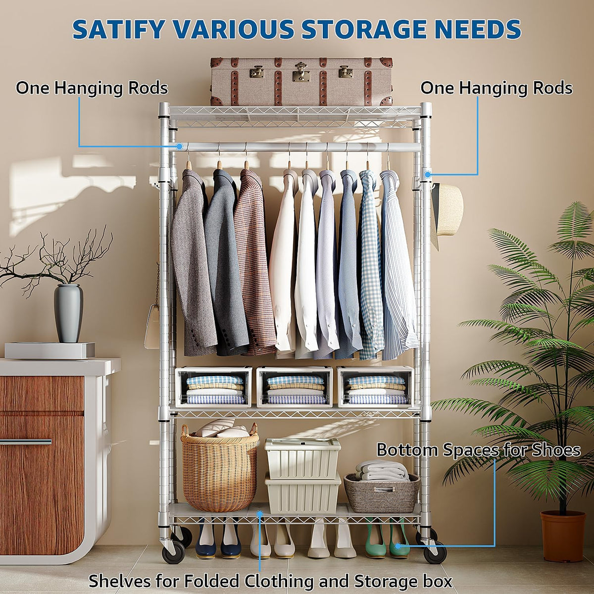 Heavy Duty Rolling Garment Rack 3 Tiers Adjustable Wire Shelving Clothes Rack with Rods and Side