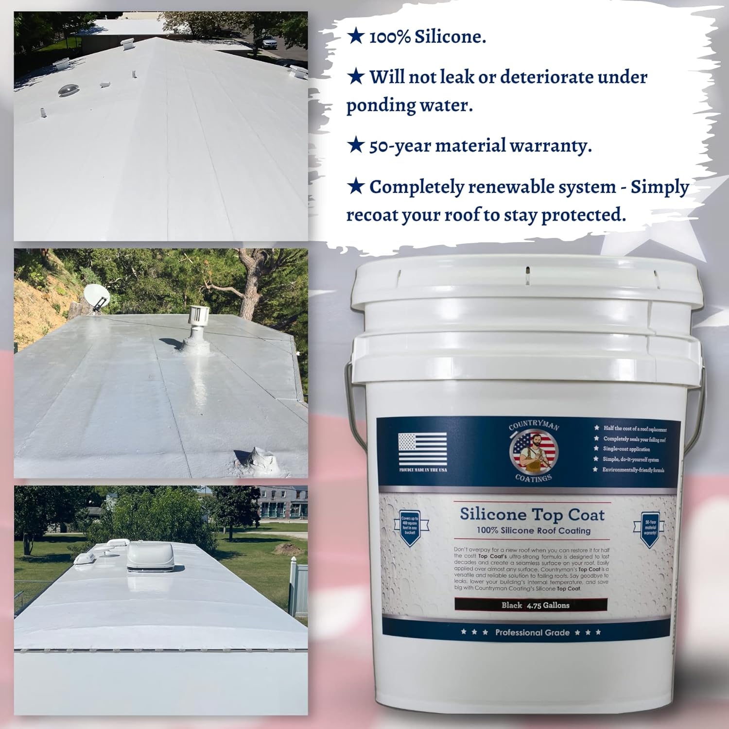 Countryman Coatings 100% Silicone Roof Coating - Restore Your Roof in a Day - Seal Leaks, Cracks