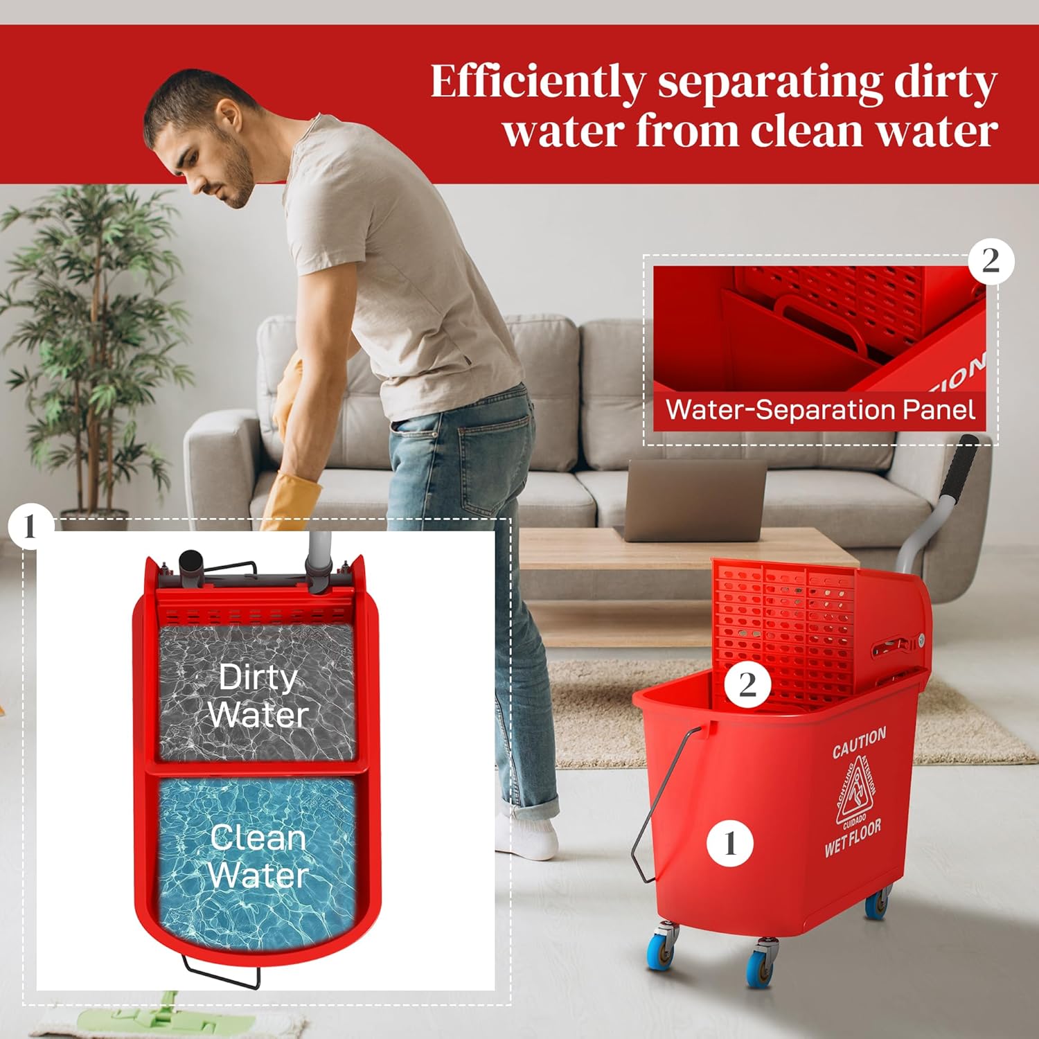 HOMCOM Compact Mop Bucket with Wringer on Wheels for Floor Cleaning, 21 Quart, Separate Dirty and
