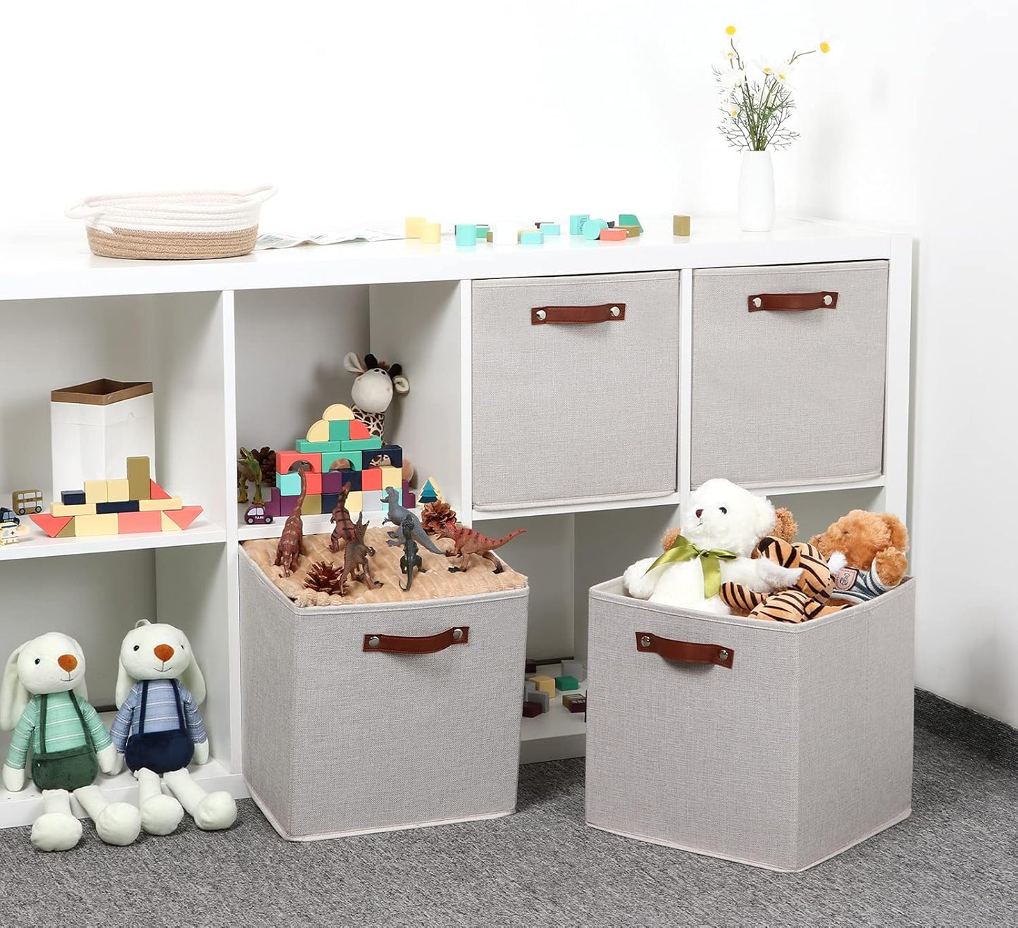 Temary Fabric Storage Cubes Storage Bins with Dual Leather Handles, 4 Pack Cube Baskets 13x13