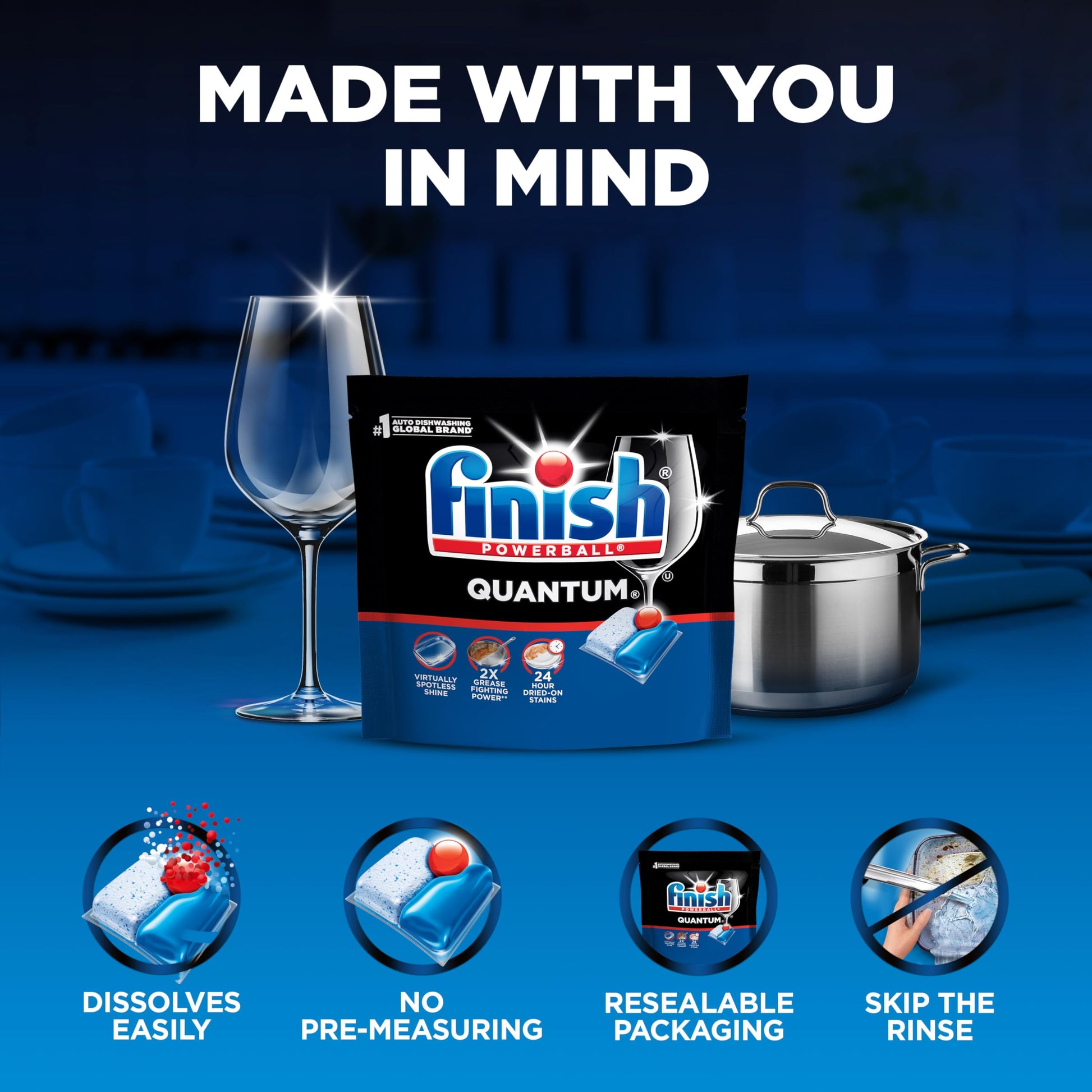 Finish Quantum Dishwasher Pods, No Pre-Rinse Dishwasher Detergent Soap Removes 24HR Dried-On Stain