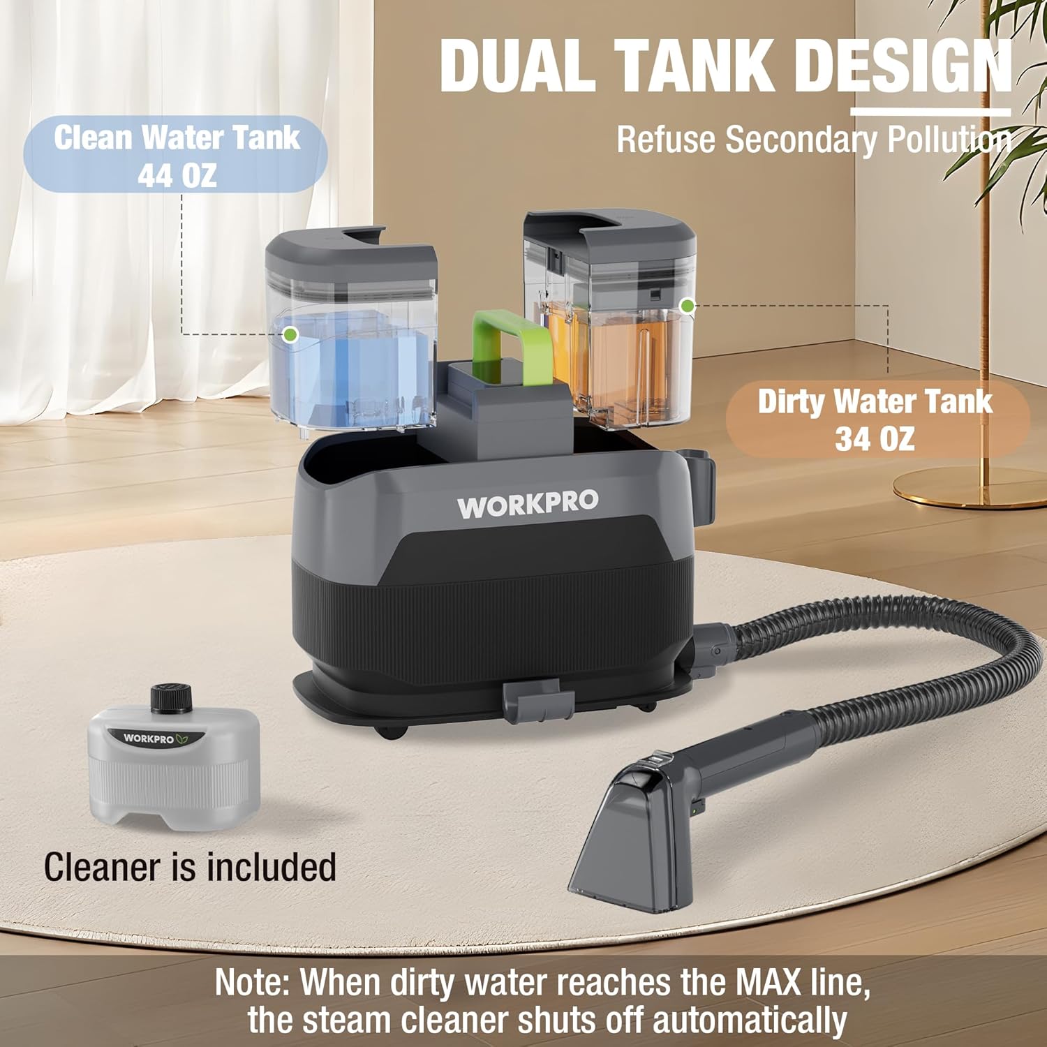 WORKPRO Steam Portable Carpet and Upholstery Cleaner, 16KPa Upholstery Cleaner Machine with Steam &