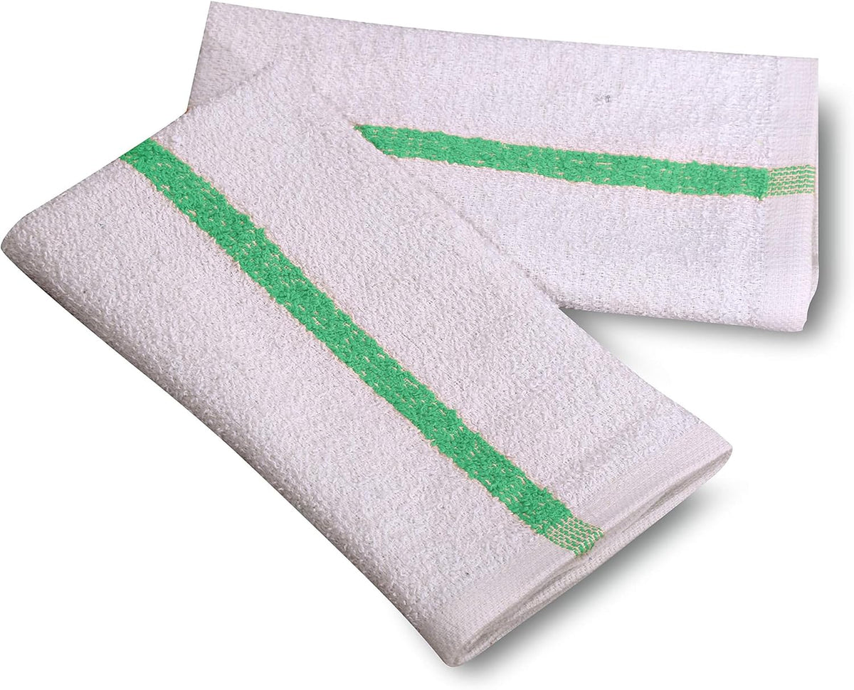GOLD TEXTILES New Cotton Blend White Restaurant Bar Mops Kitchen Towels (12, Green Stripe)