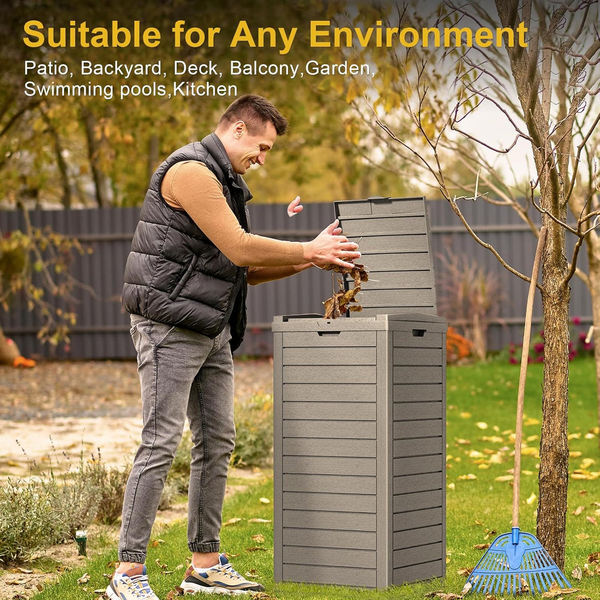 31 Gallon Outdoor Trash Can with Tiered Lid and Drip Tray,Waterproof Resin Waste Bin