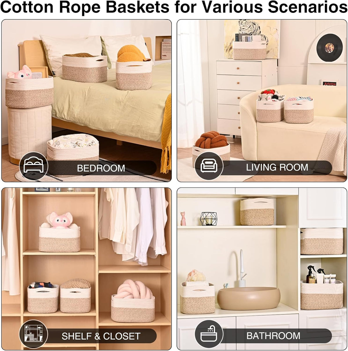 Small Storage Baskets for Organizing, Woven Storage Baskets for Shelves, Cotton Rope Basket for