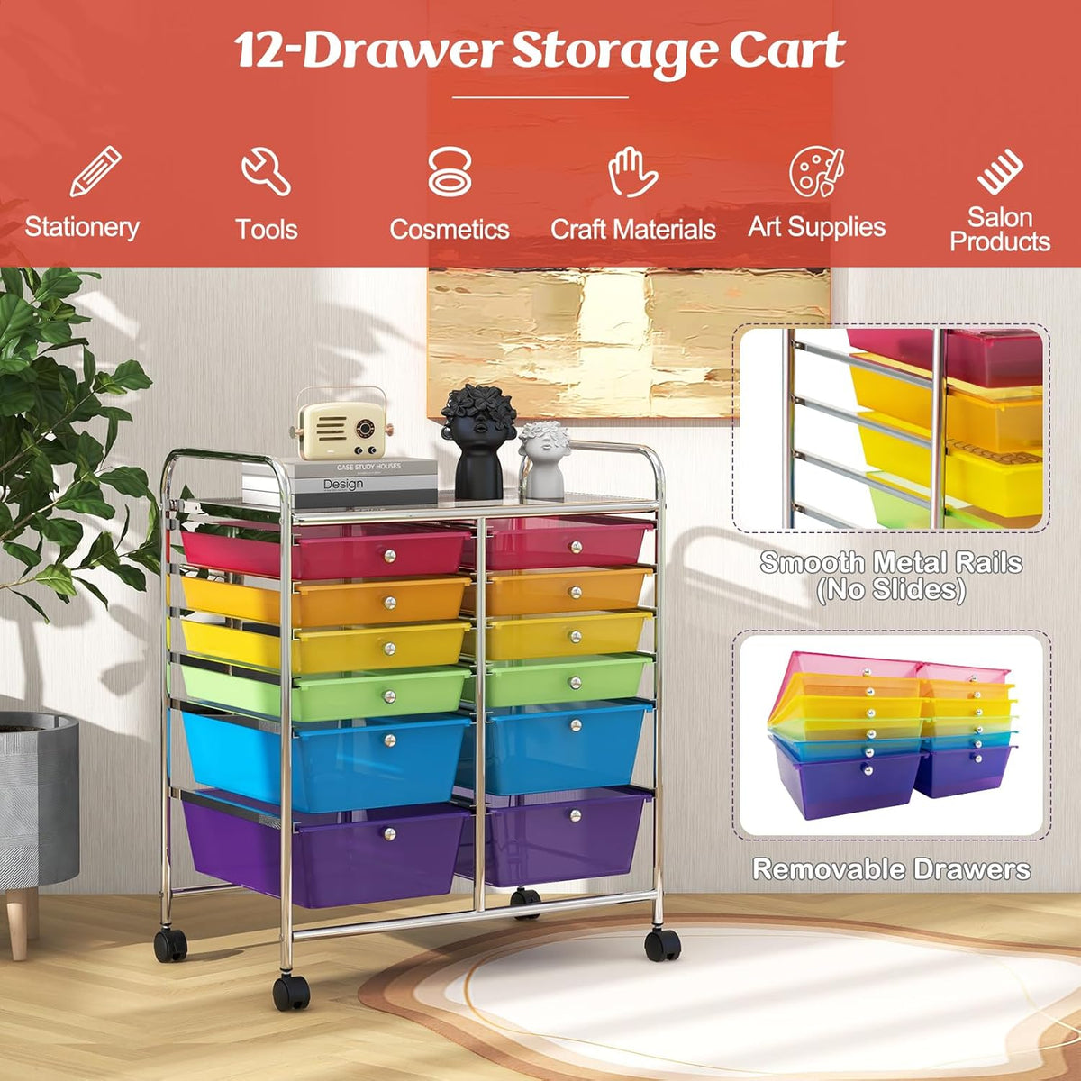 GOFLAME 12-Drawer Rolling Storage Cart, Multipurpose Organizer Cart with 2 Sizes Plastic Drawers