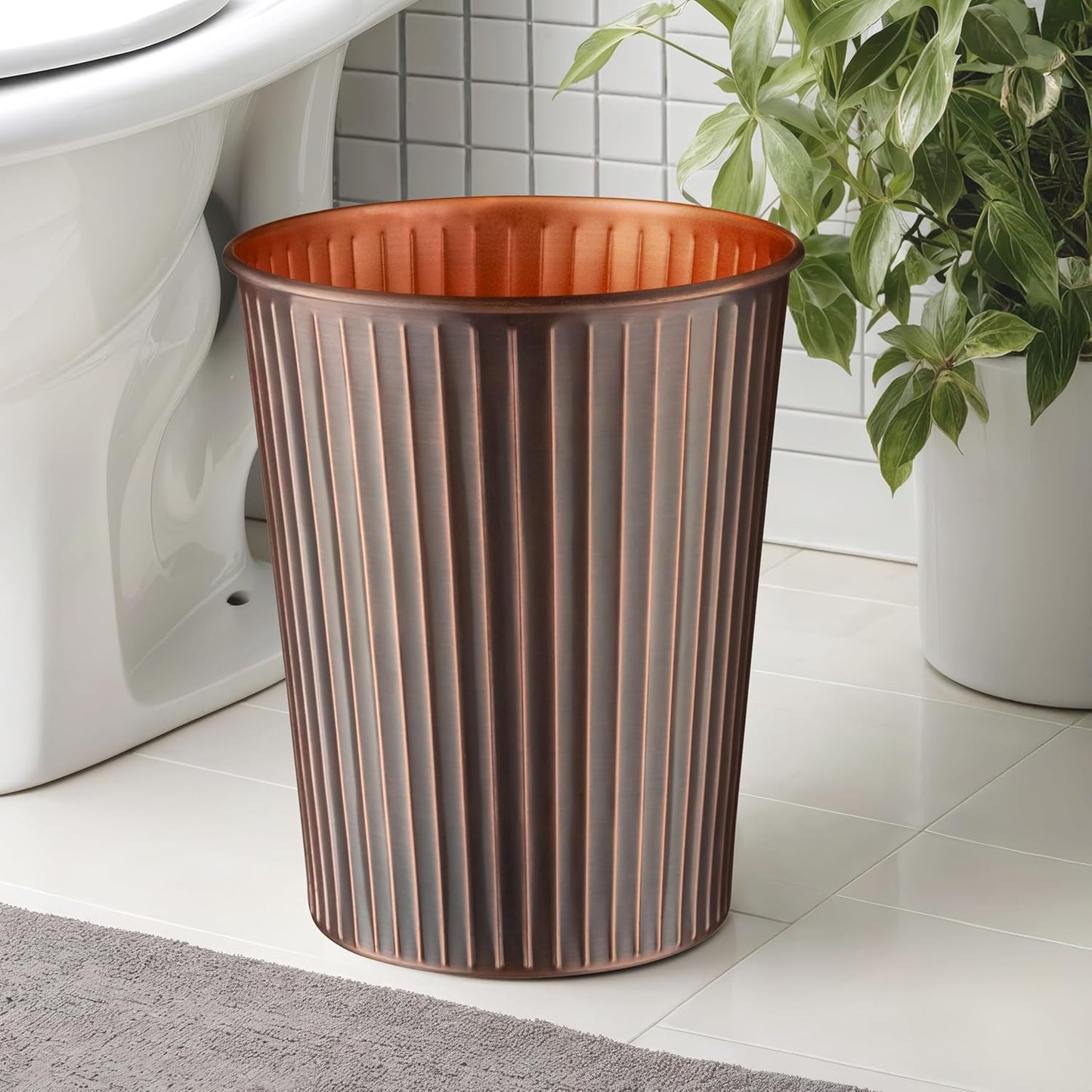 Monarch Abode Antique Copper Handcrafted Ridge Embossed Metal Wastebasket for Home Office