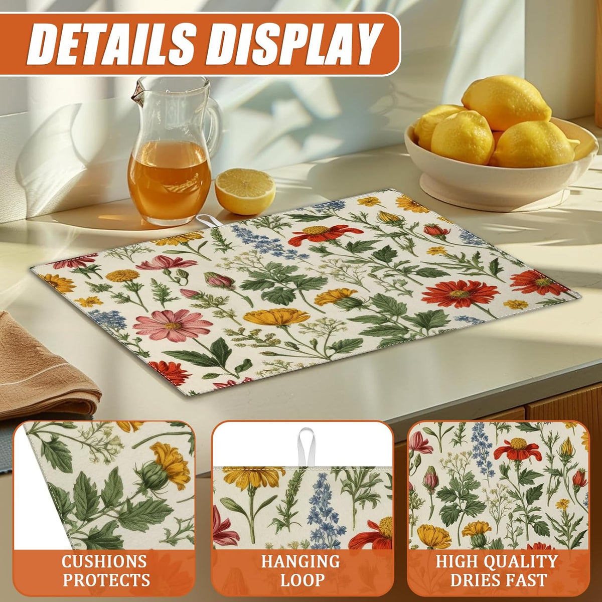 Spring Wild Flower Dish Drying Mat for Kitchen Counter Microfiber Absorbent Dish Kitchen Drying Mat