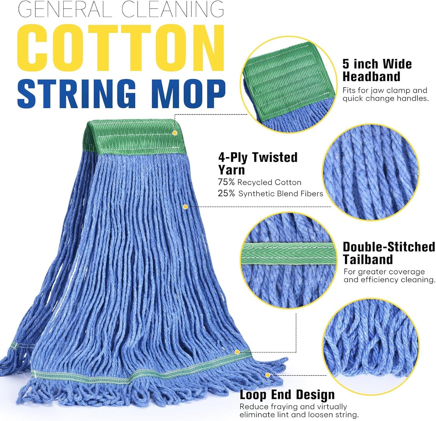 Matthew Cleaning Commercial Mop Head Replacement, 5 Inch Wide Headband, Looped End Cotton Blend