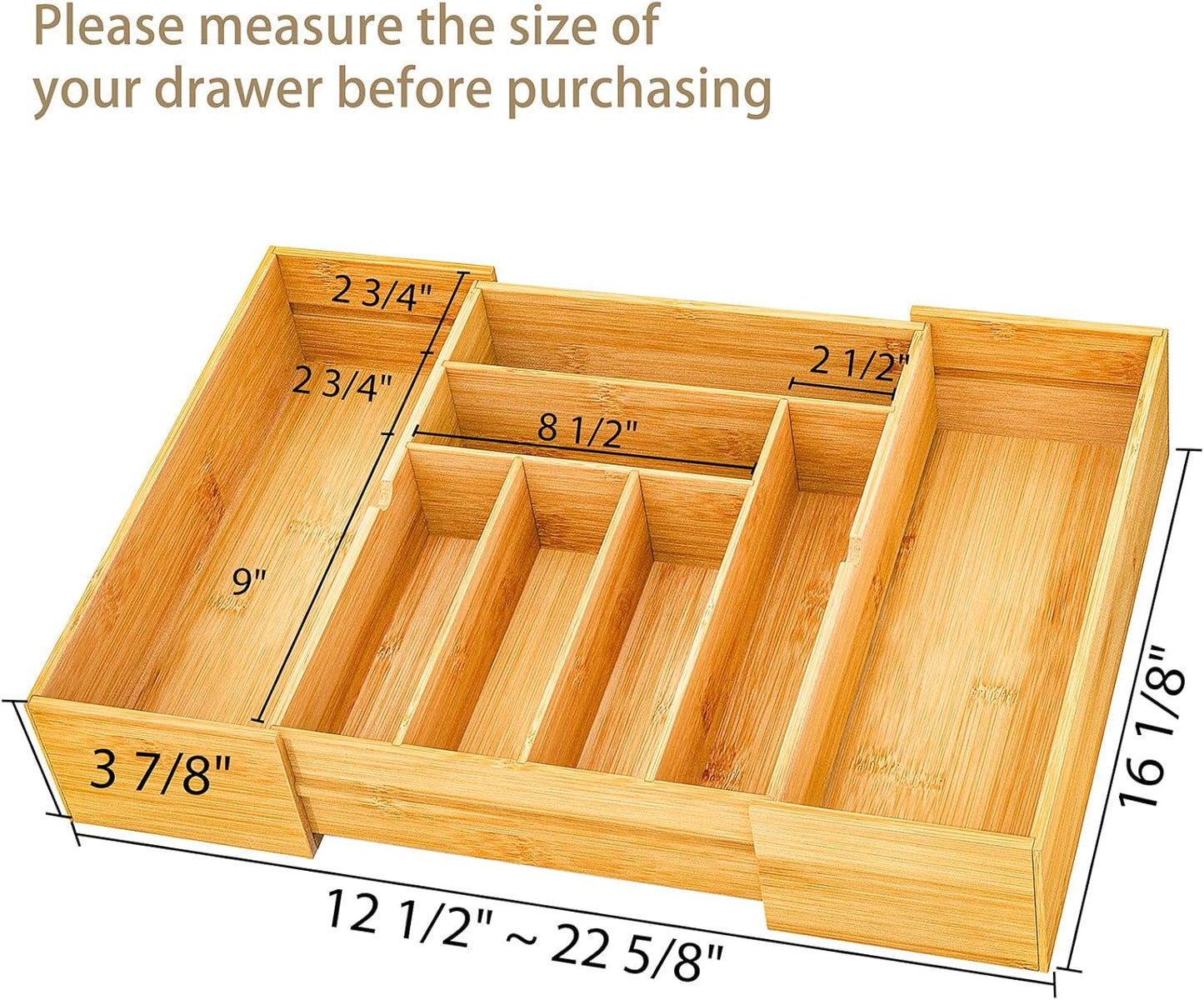 BAMEOS 3.9inch Tall Bamboo Drawer Organizer, Expandable Utensil Holder with 8 Compartments