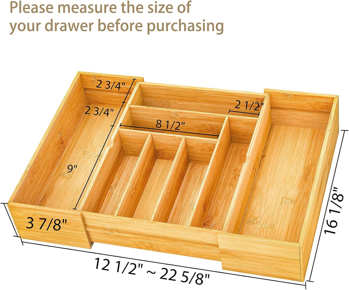 BAMEOS 3.9inch Tall Bamboo Drawer Organizer, Expandable Utensil Holder with 8 Compartments