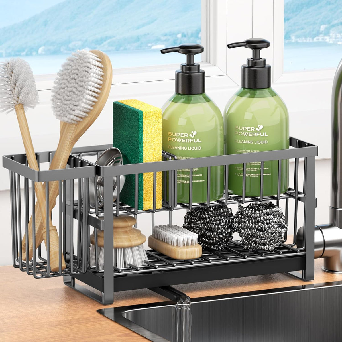 Sponge Holder for Kitchen Sink, 2 Tier Sink Caddy Organizer Countertop with Dish Brush Holder and