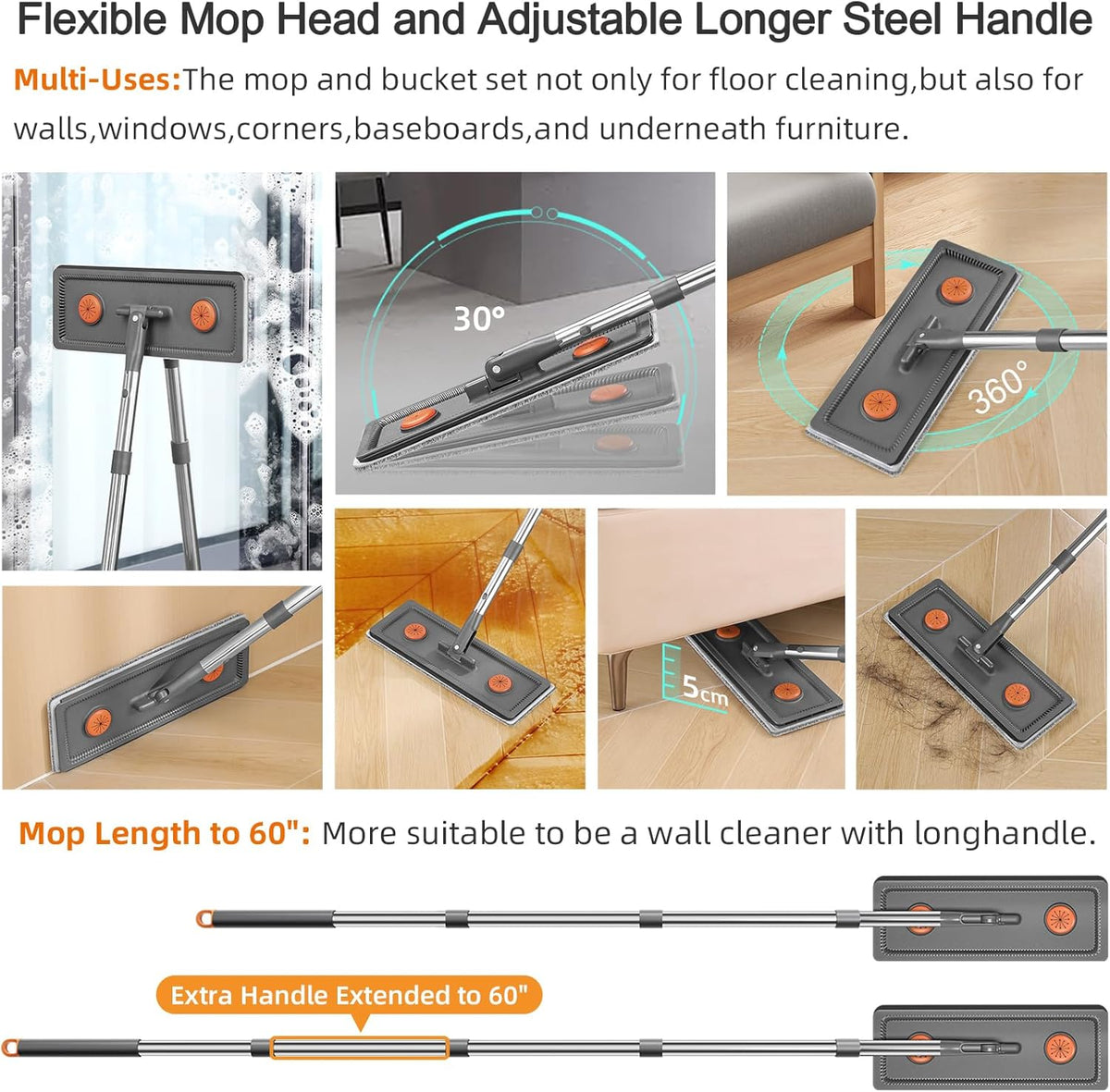 MOPALL Mop and Bucket with Wringer Set for Home, Hands-Free Flat Mop and Bucket Set for Floor
