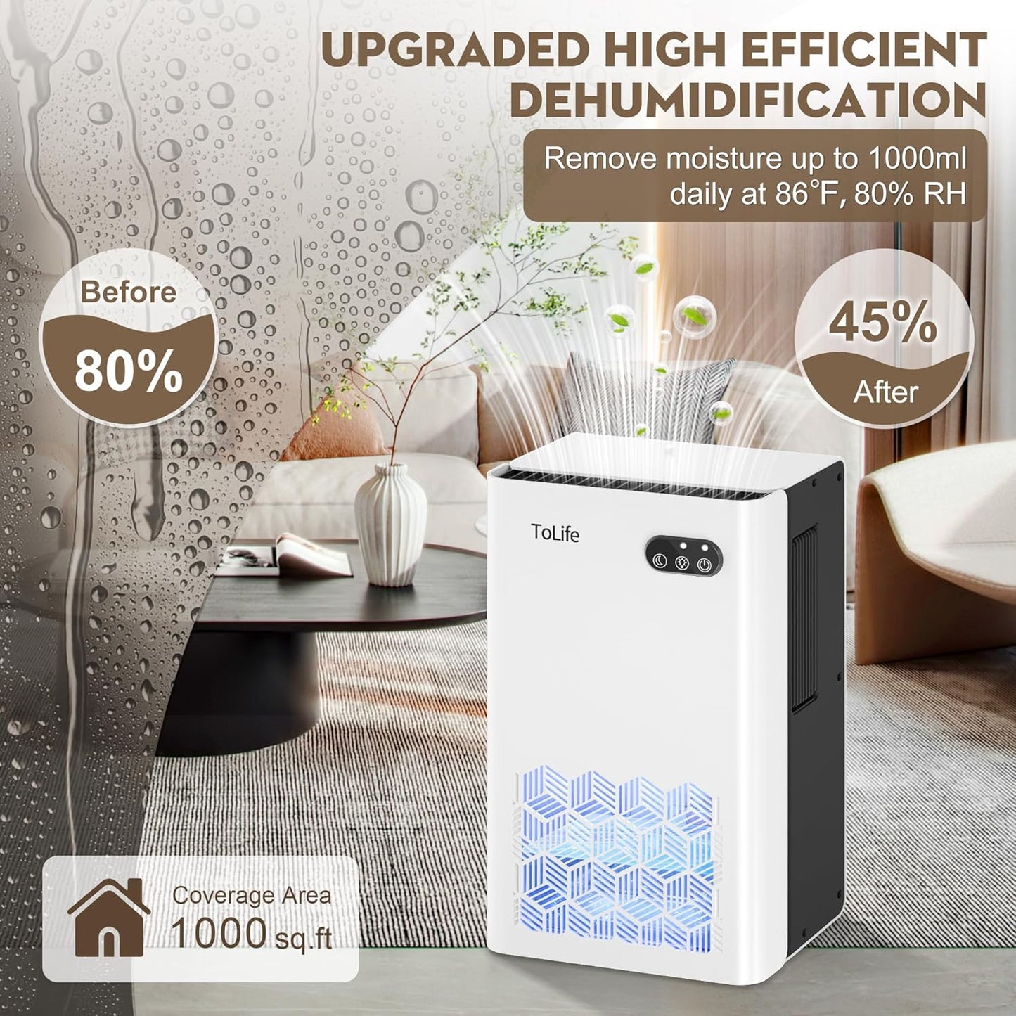 ToLife Dehumidifier for Home, 1000 sq.ft Dehumidifiers for Basement Bedroom Bathroom with 95 OZ