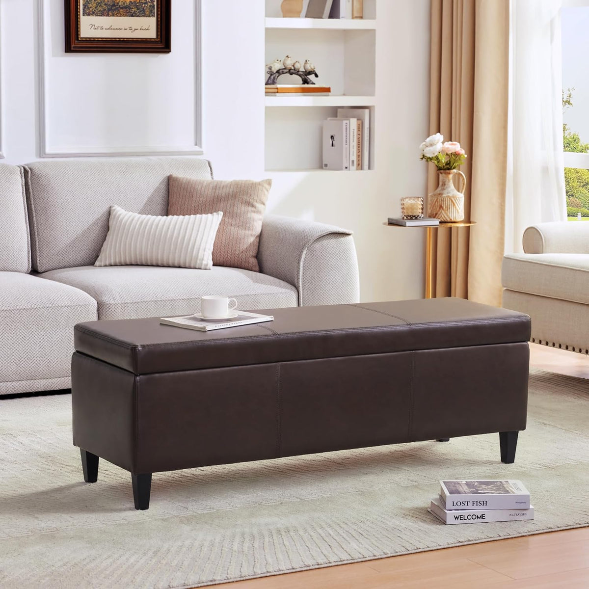 HUIMO Faux Leather Storage Ottoman Bench 50.3 Inch Extra Long PU Upholstered Bedroom Bench with