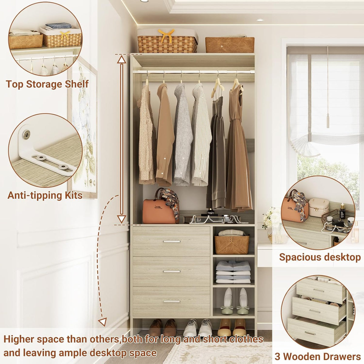Aheaplus 2.5FT Closet System with 3 Drawers, 29.5’’ Closet Organizer, Wood Closet Organizer System