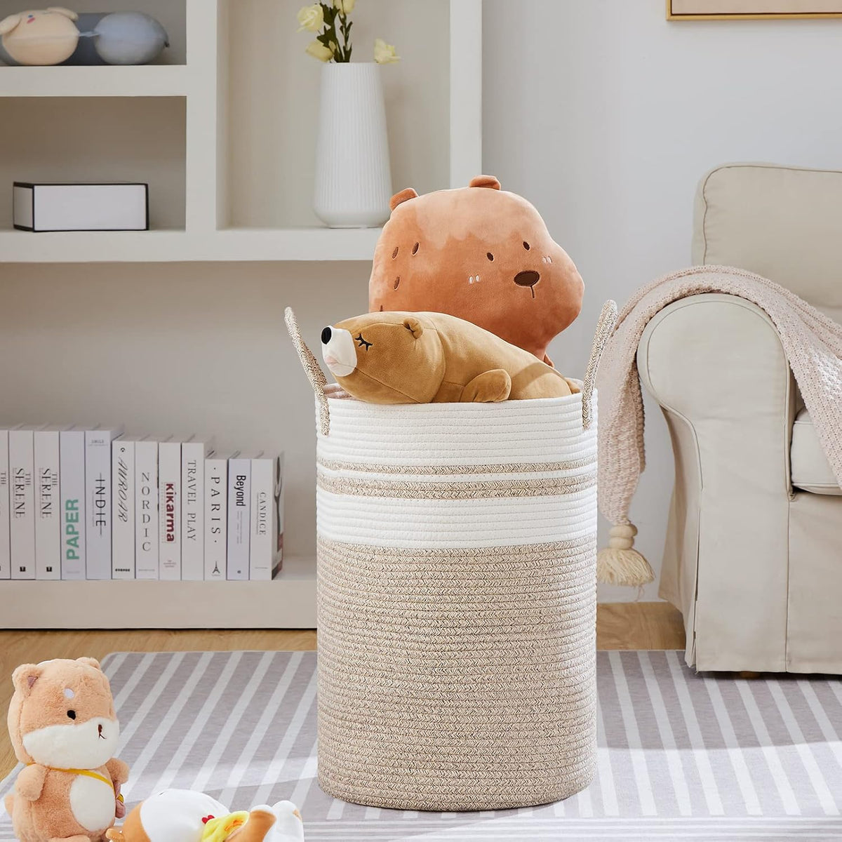 VIPOSCO Large Laundry Hamper, Tall Woven Rope Storage Basket for Blanket, Toys, Dirty Clothes in