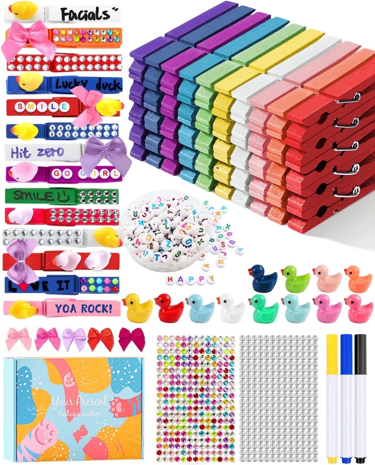 SF SOONEAT Cheer Pins for Backpack Cheer Stuff Kit 70 Colored Clothes Pins with Mini Resin Ducks