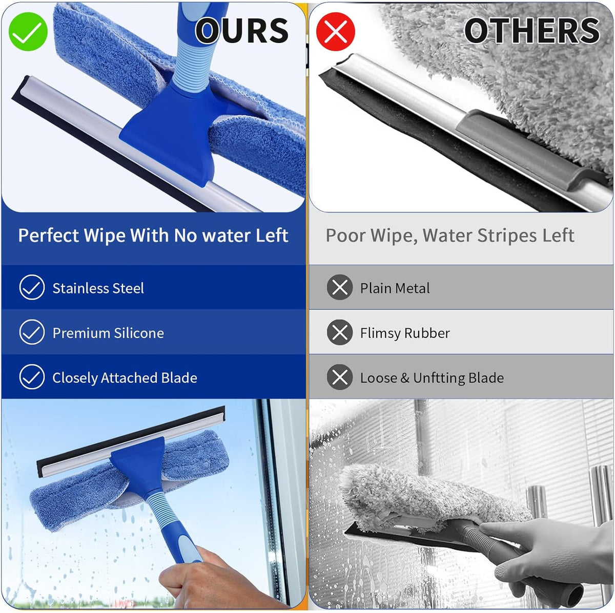 LOMIDA Professional Window Squeegee Kit - 62" Lightweight Aluminum Pole, 2 in 1 Rotatable Window
