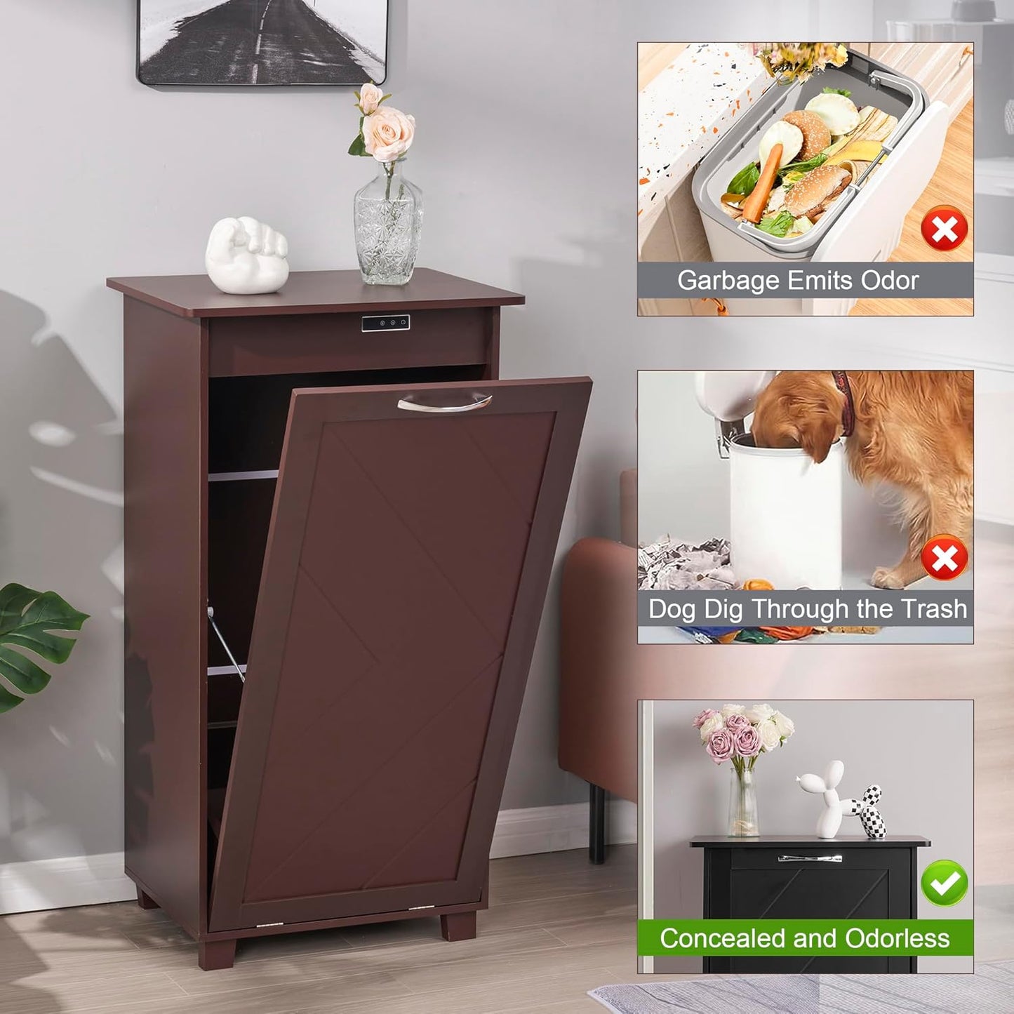 VECELO Tilt Out Kitchen Trash Bin Cabinet, Dog Proof Garbage Can with Wood Holder Free Standing
