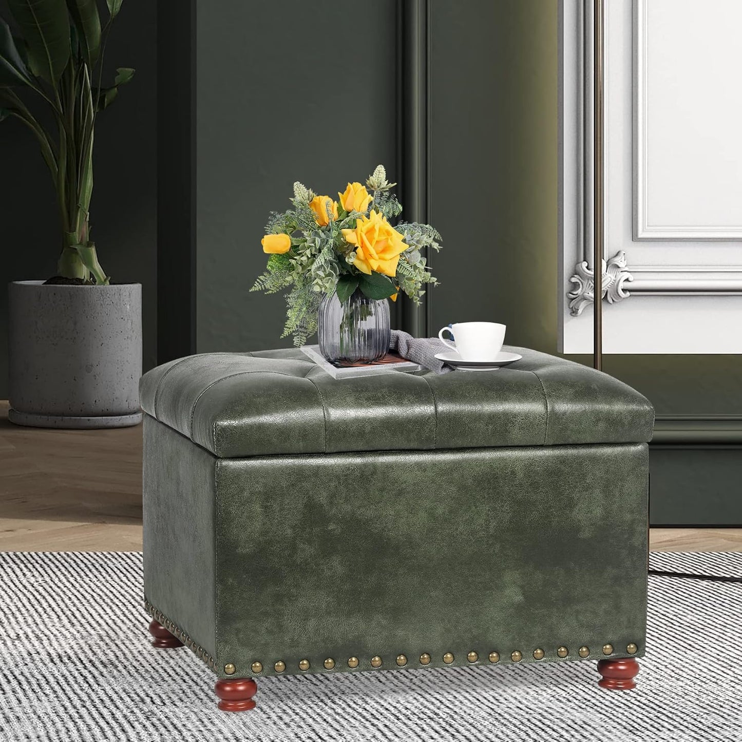 24'' Leather Ottoman with Storage Rectangle Foot Rest Ottomans Stool for Living Room(Green,Leather