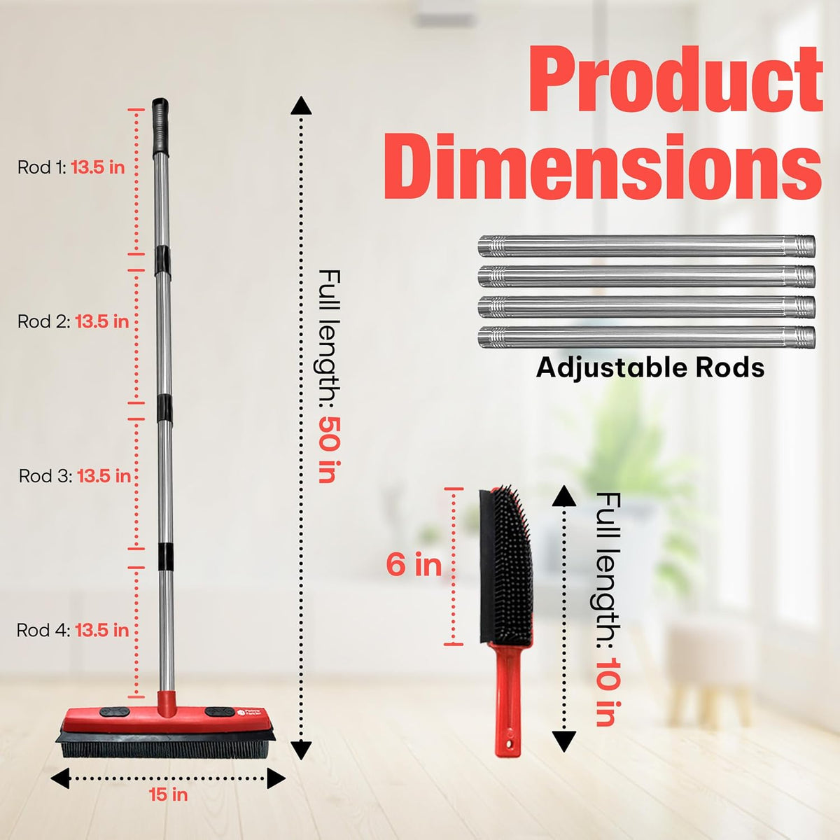 Hybrid Dog Pet Hair Removal Broom with Squeegee – Adjustable Handle Rubber Broom for Pet Hair on