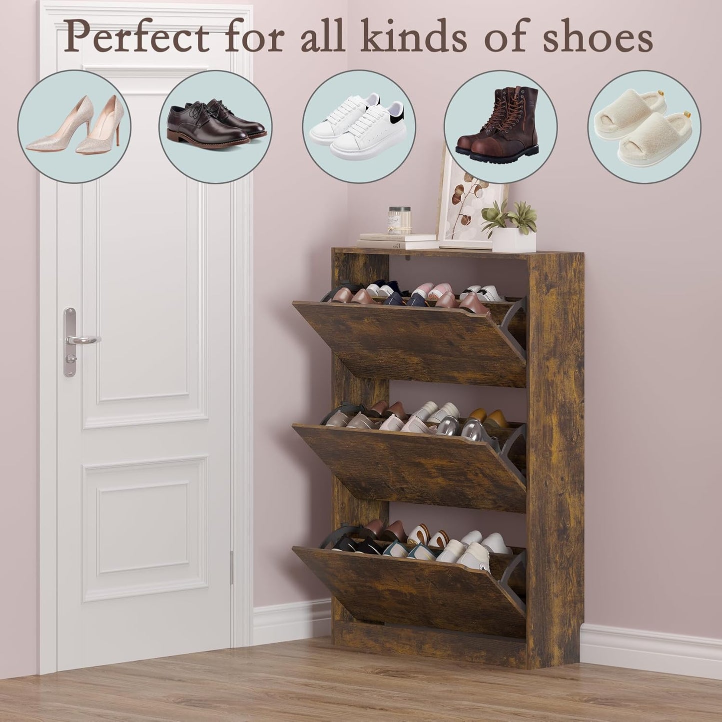 Shoe Cabinet with 3 Flip Drawers, Hidden Wood Shoe Cabinet,Freestanding Shoe Storage Cabinet for