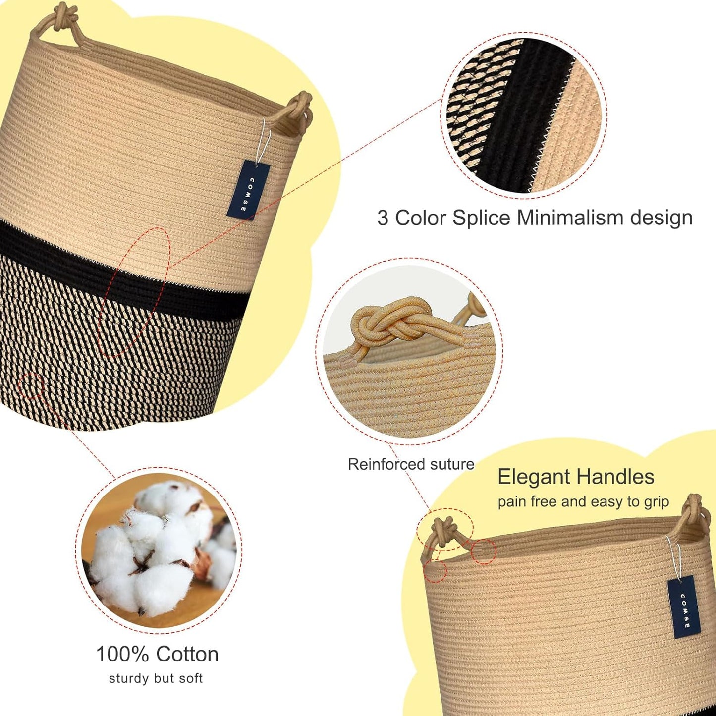 COMSE Extra Large Blanket Basket, Tall Woven Storage Basket, Nursery Hamper, 15.7”x 21.7”, Cotton